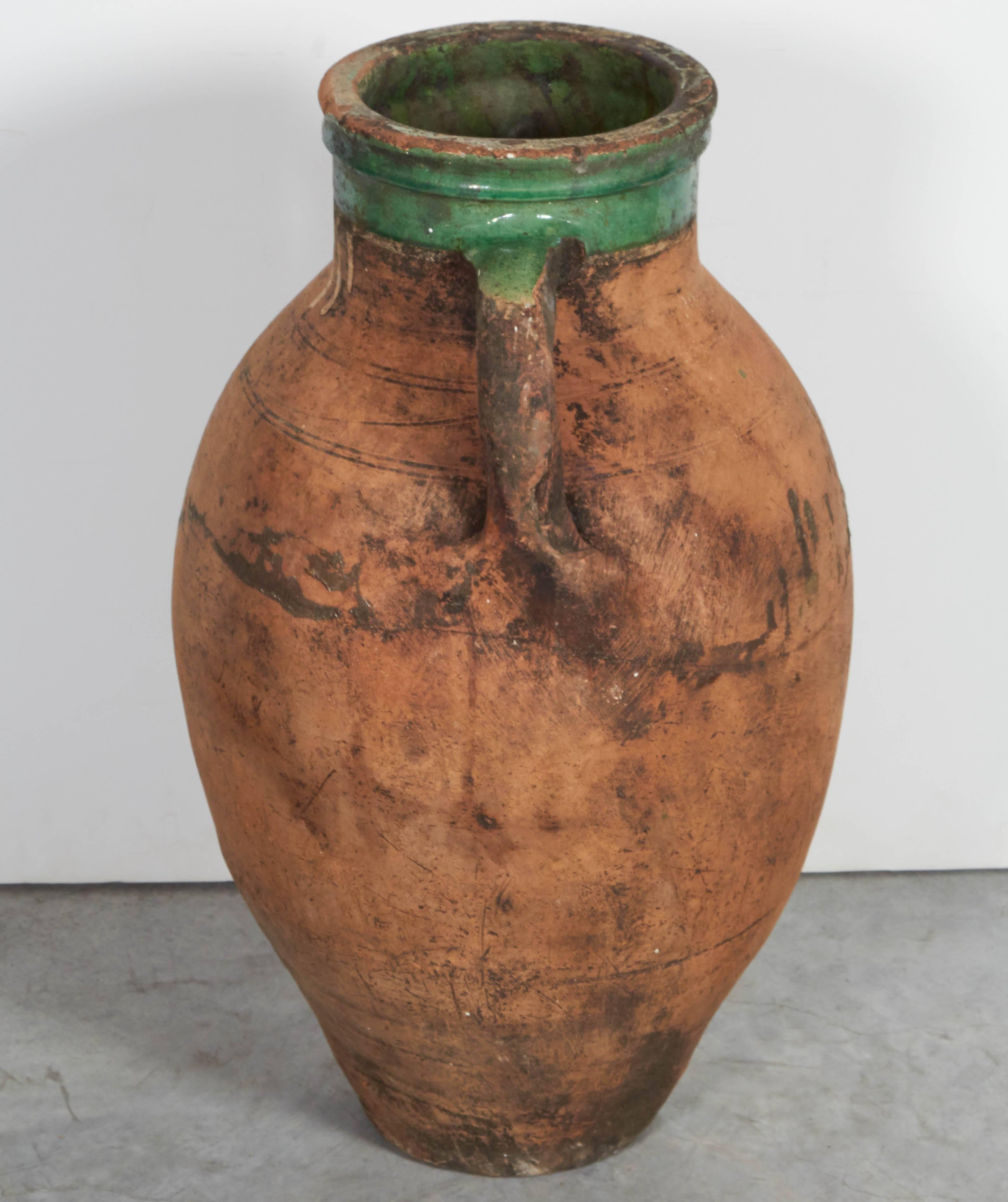19th Century Tall Antique Terracotta Olive Jar with Green Glazed Rim