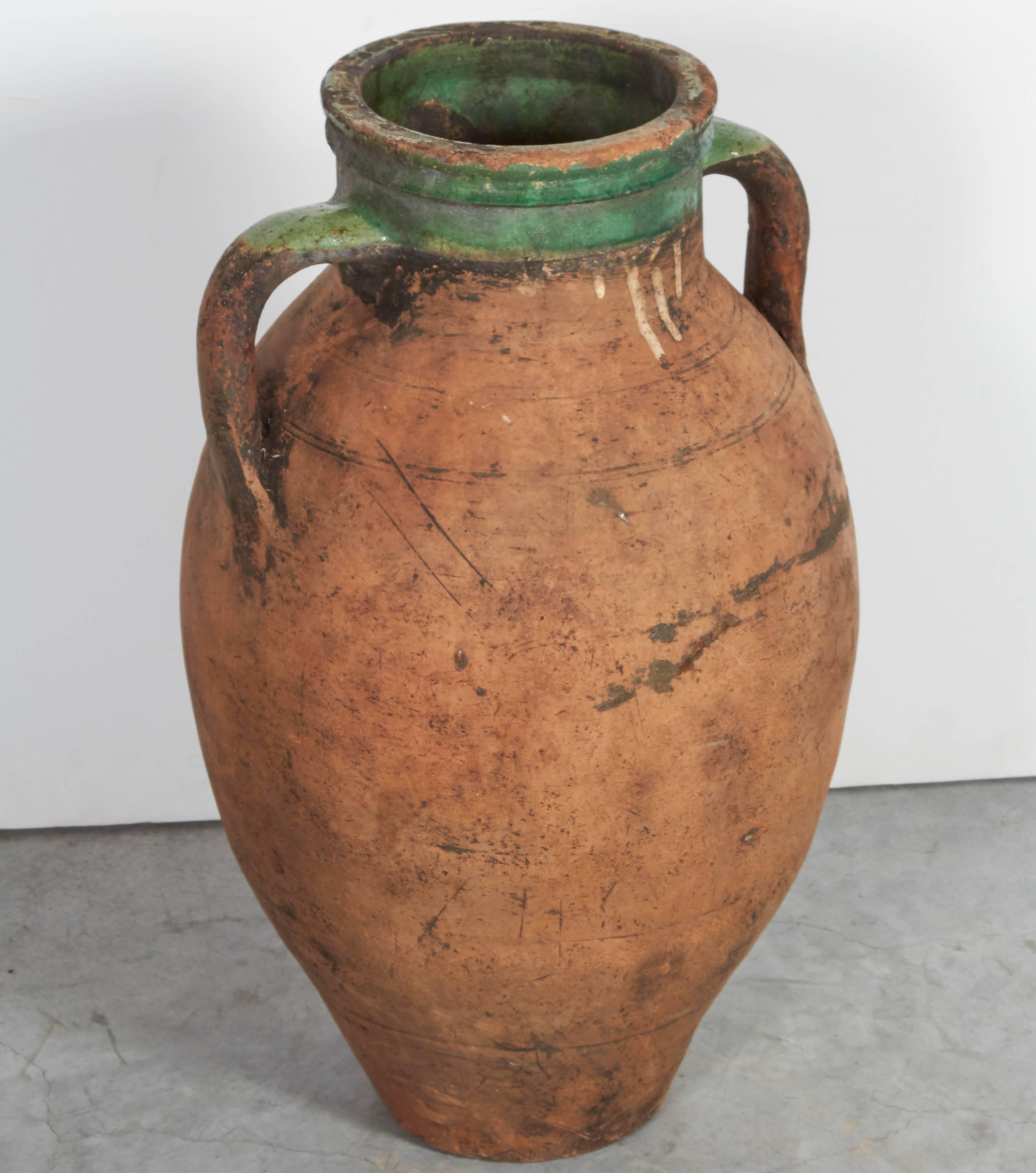 Tall Antique Terracotta Olive Jar with Green Glazed Rim 1