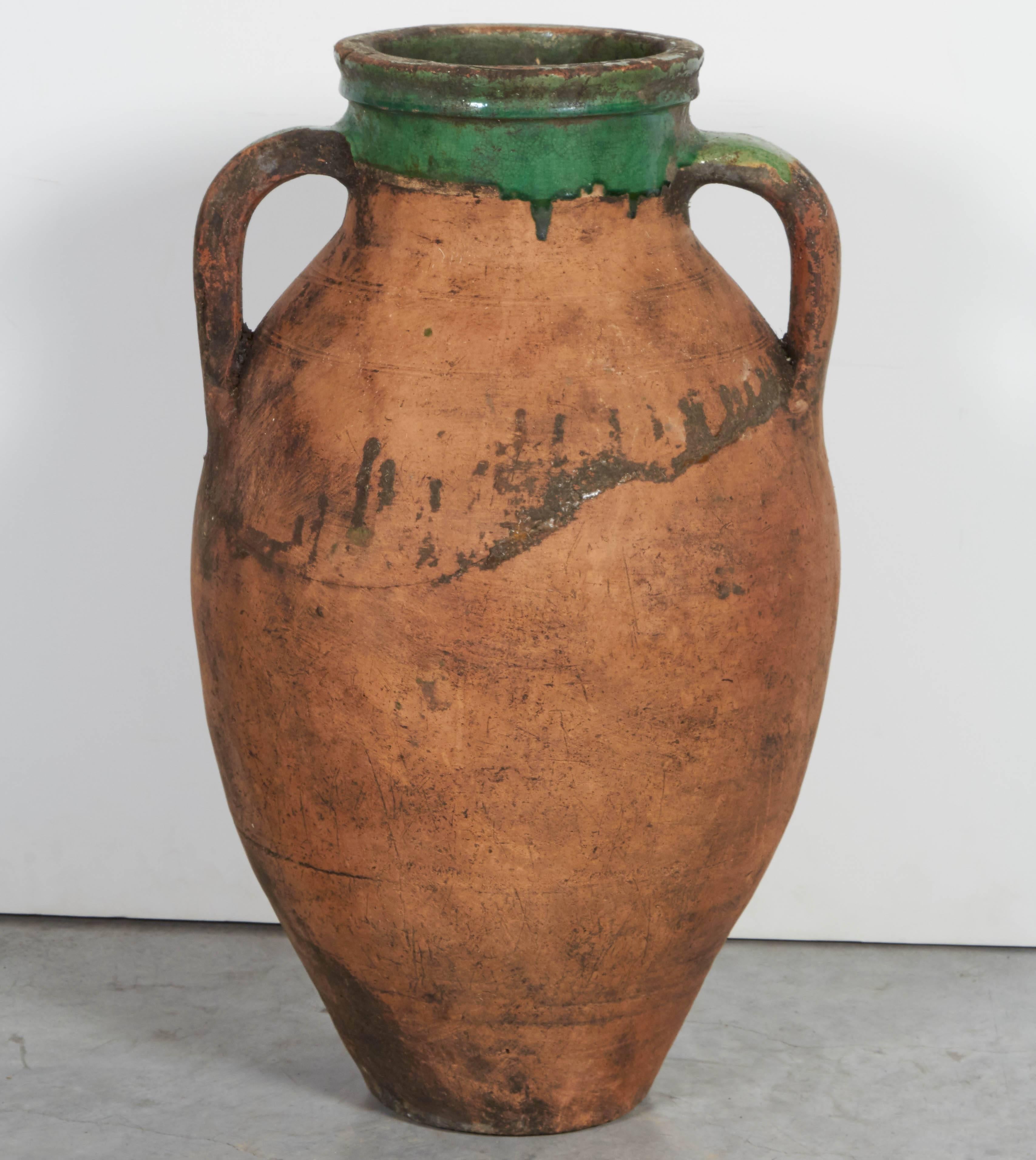 Tall Antique Terracotta Olive Jar with Green Glazed Rim 2