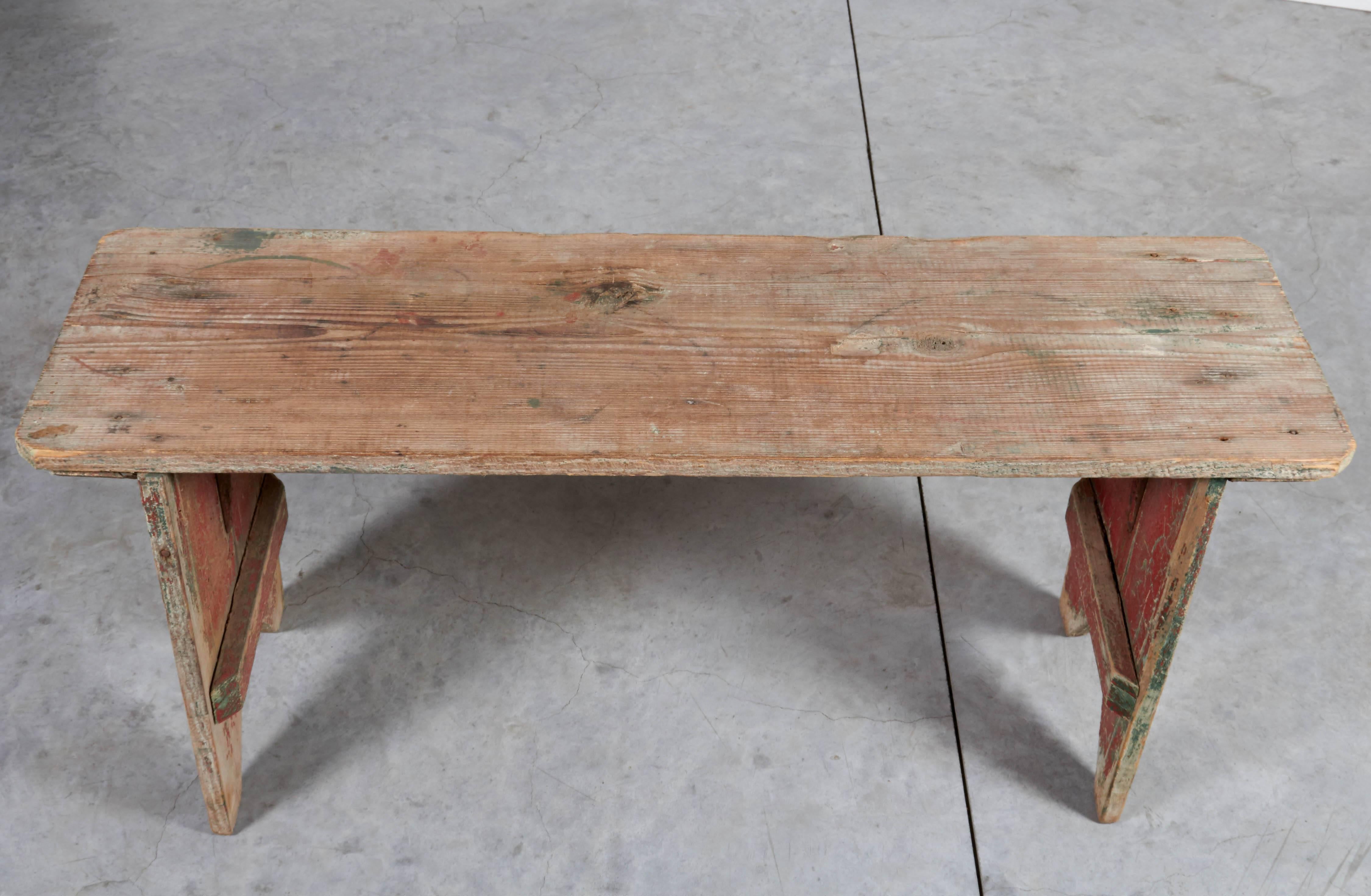 Simple American Country Bench with Great Wear and Old Paint 4