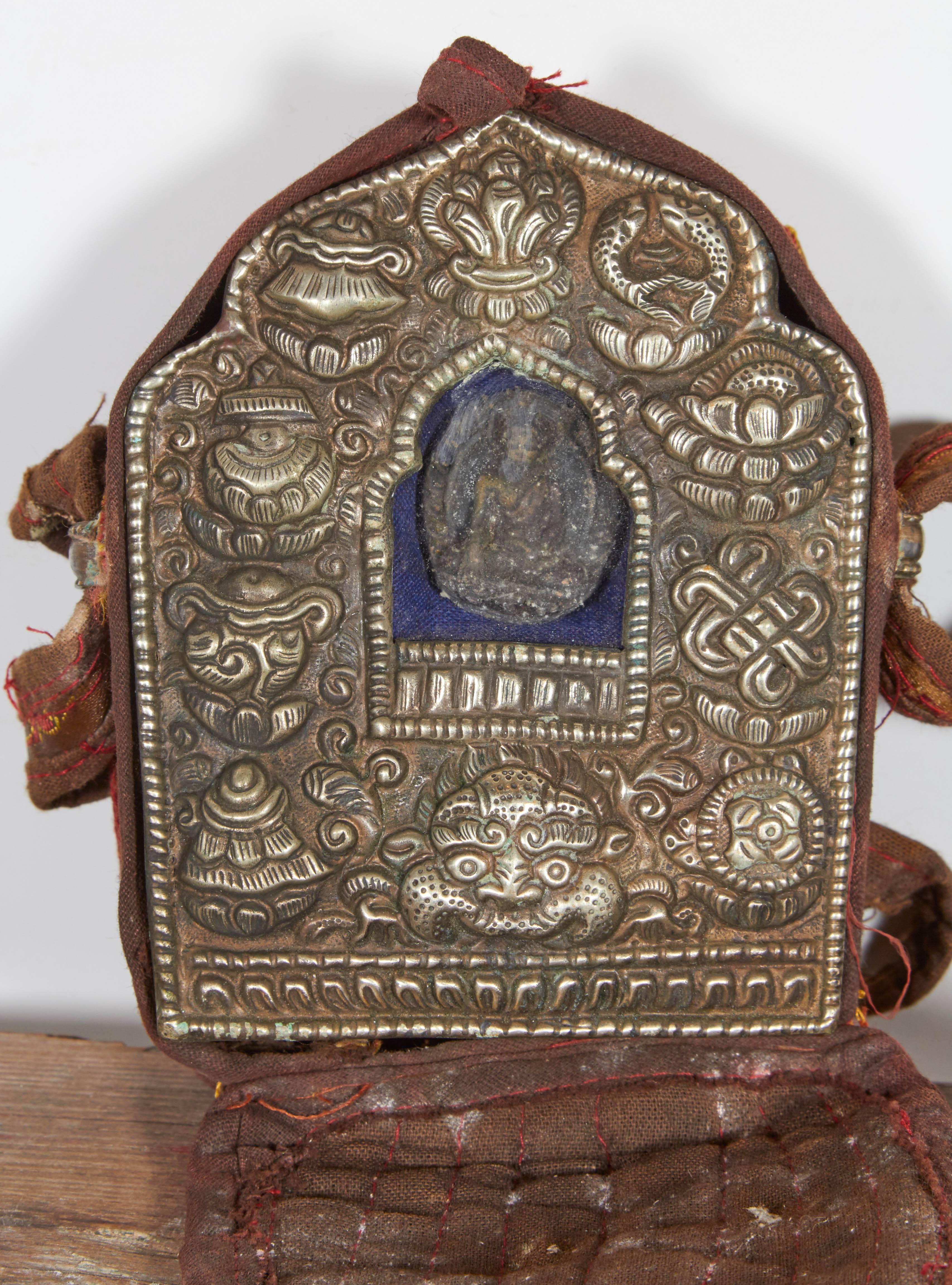 19th Century Antique Tibetan Traveling Buddha House with Embroidered Fabric Carrying Case
