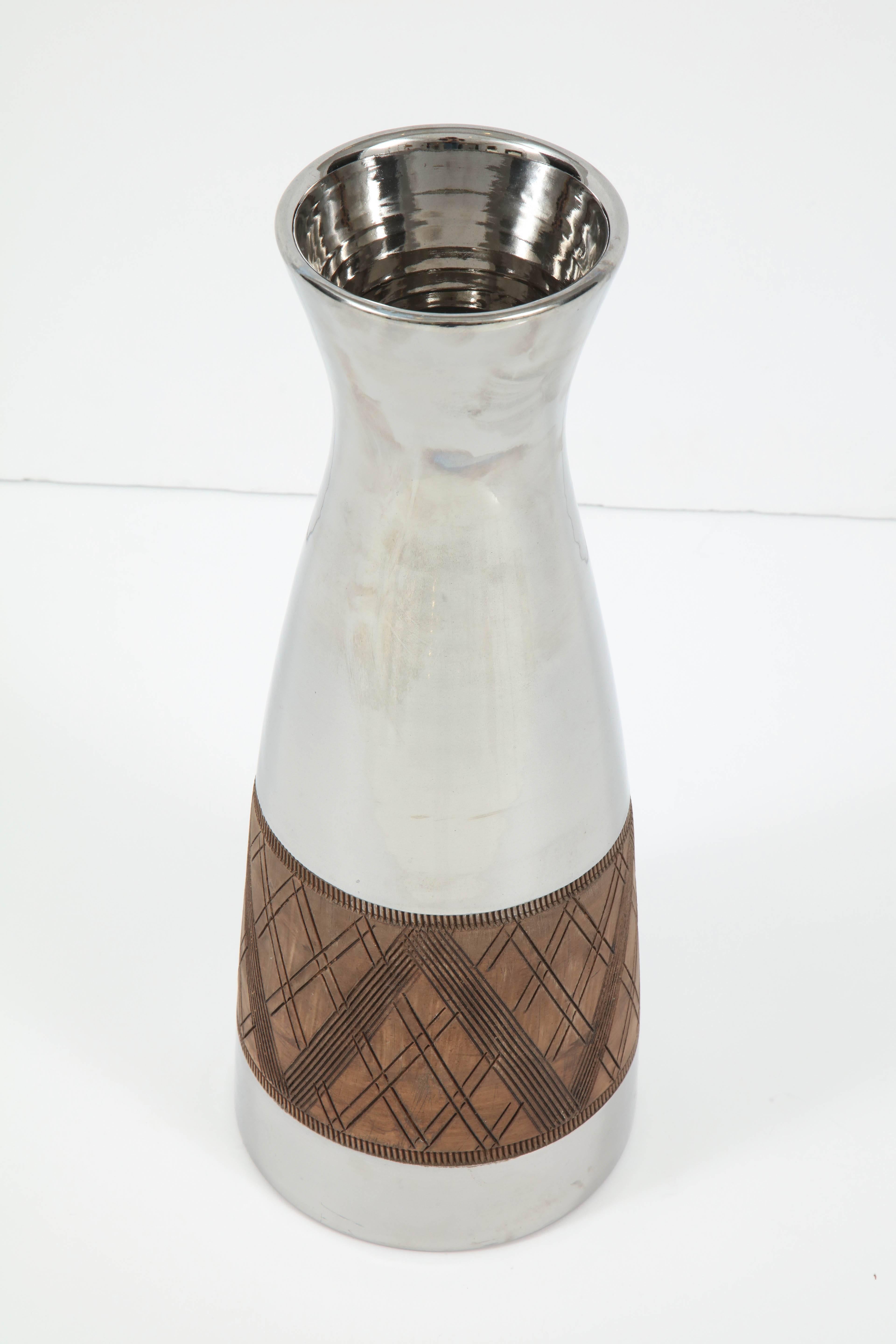 Ceramic Bitossi Silver Platinum Glaze Vase with Incised Design