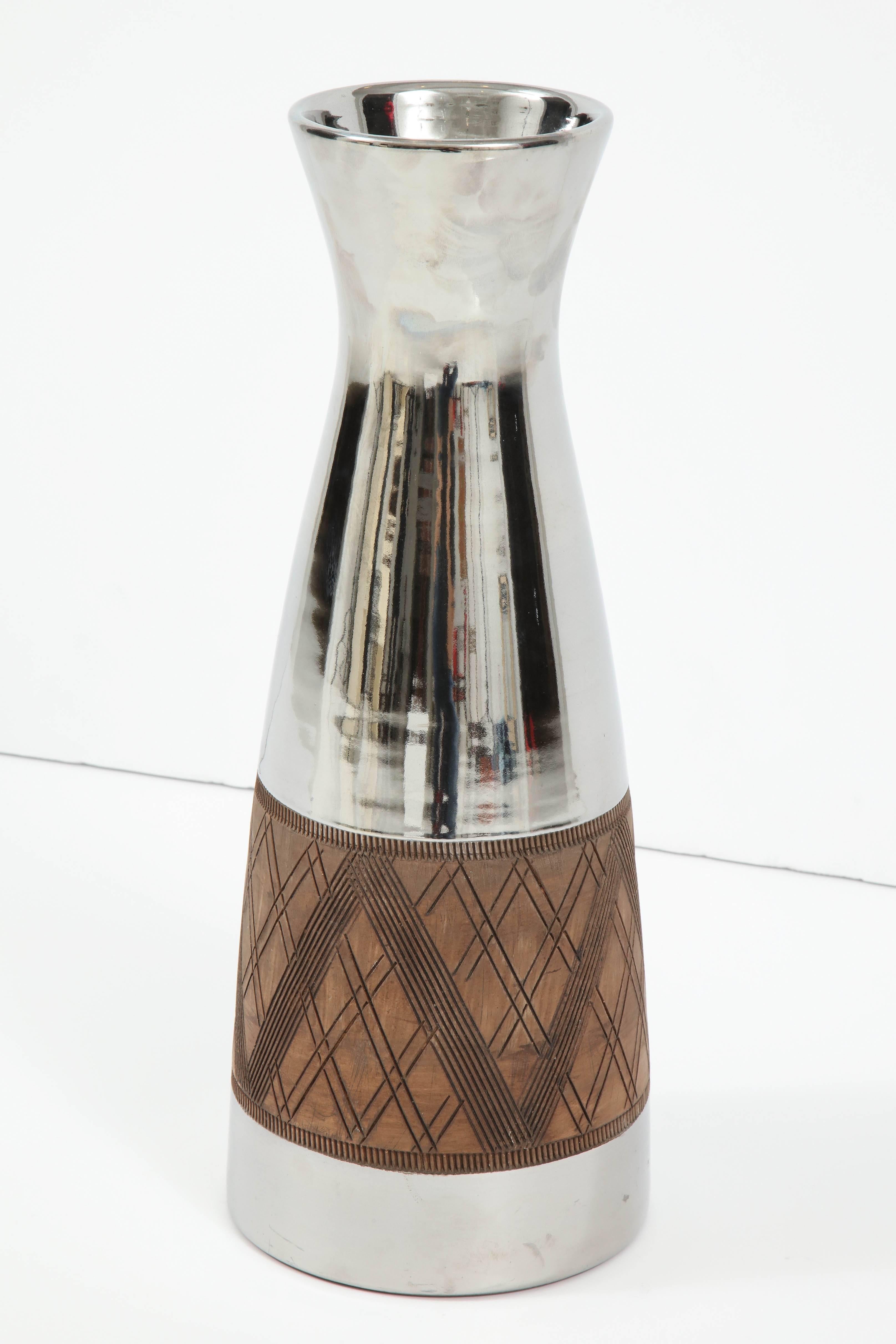 Italian Bitossi Silver Platinum Glaze Vase with Incised Design