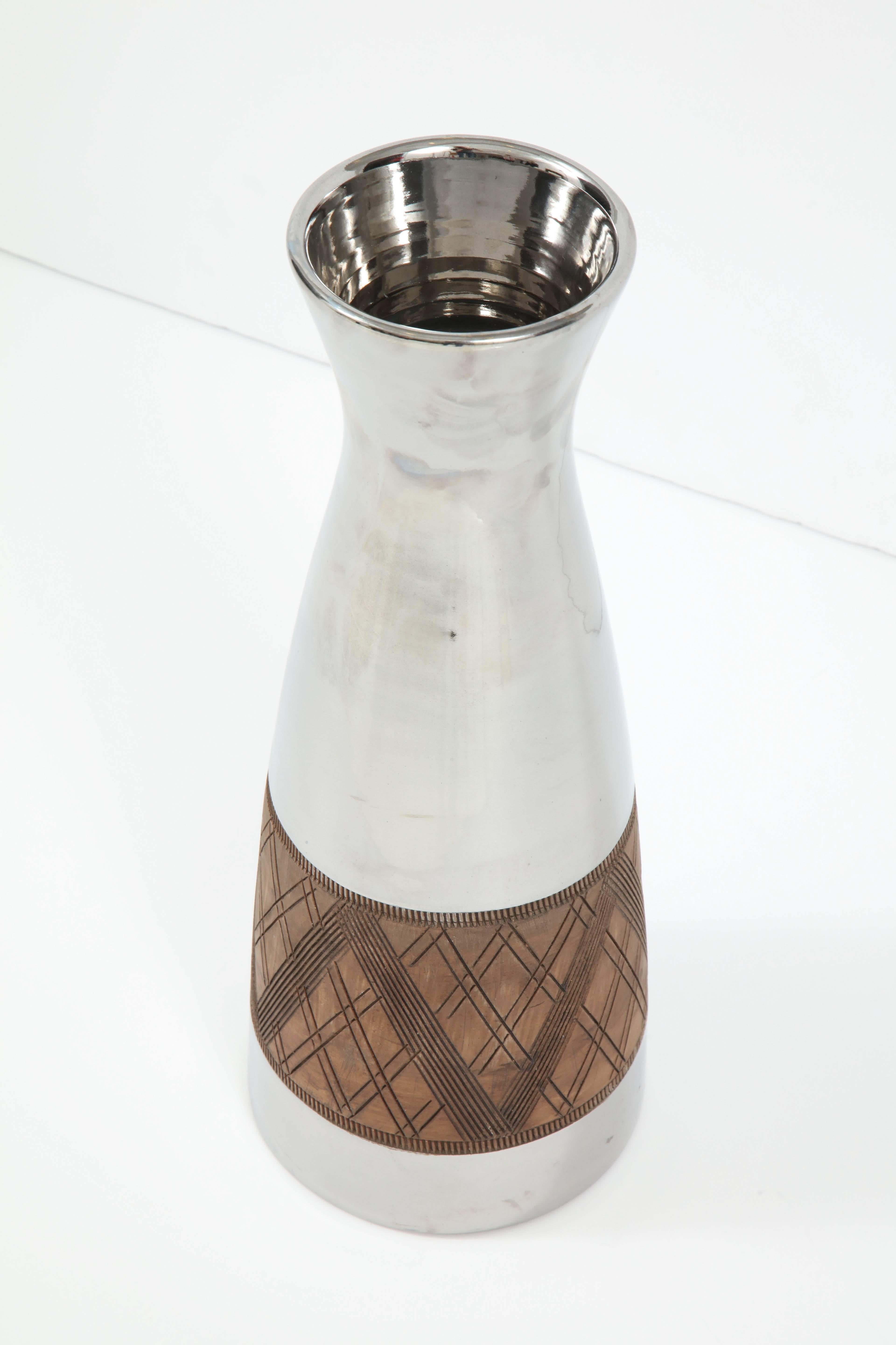 Turned Bitossi Silver Platinum Glaze Vase with Incised Design