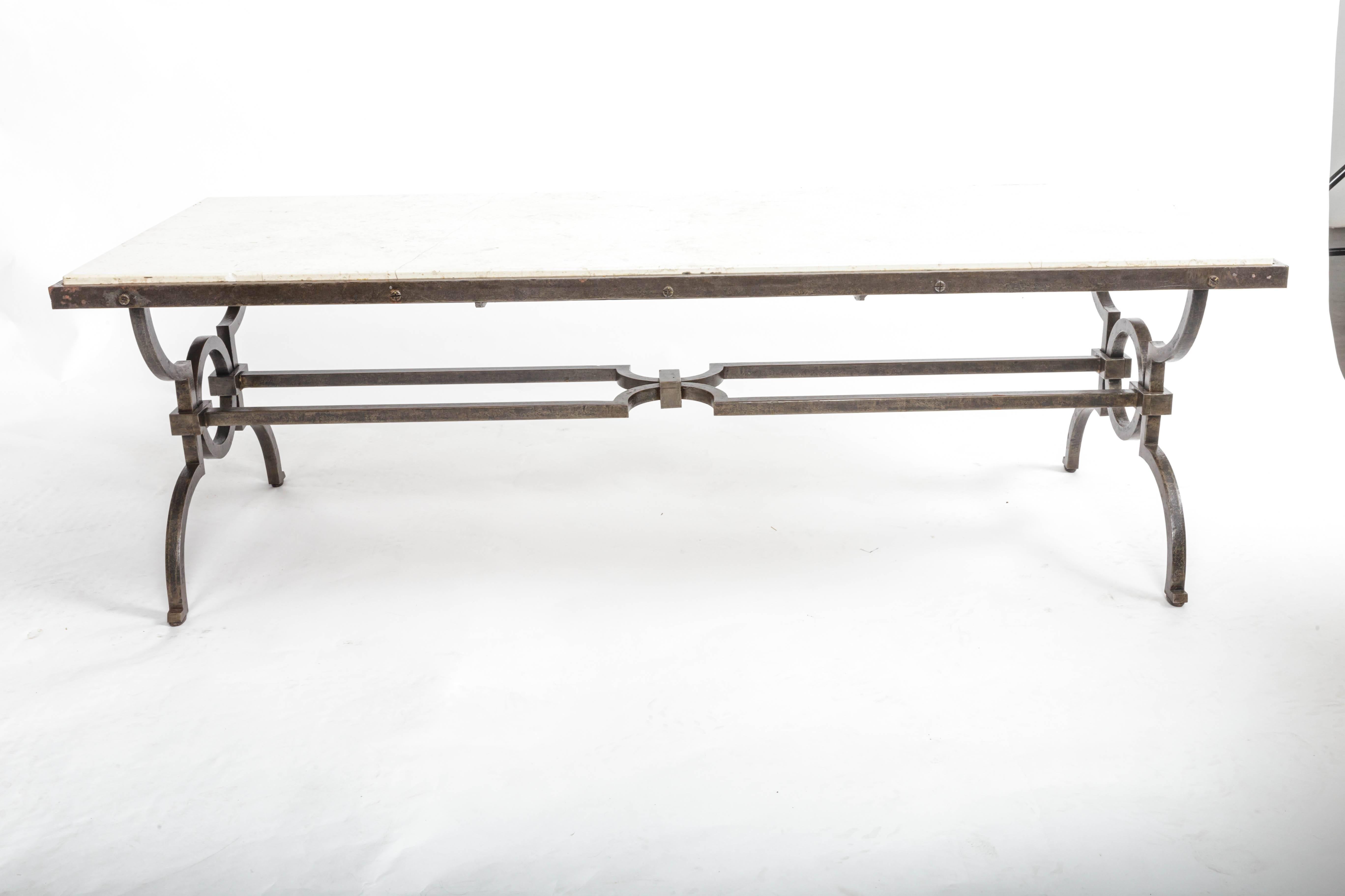 French Black Patinated and Gilded Wrought Iron Coffee Table by Gilbert Poillerat, Franc For Sale