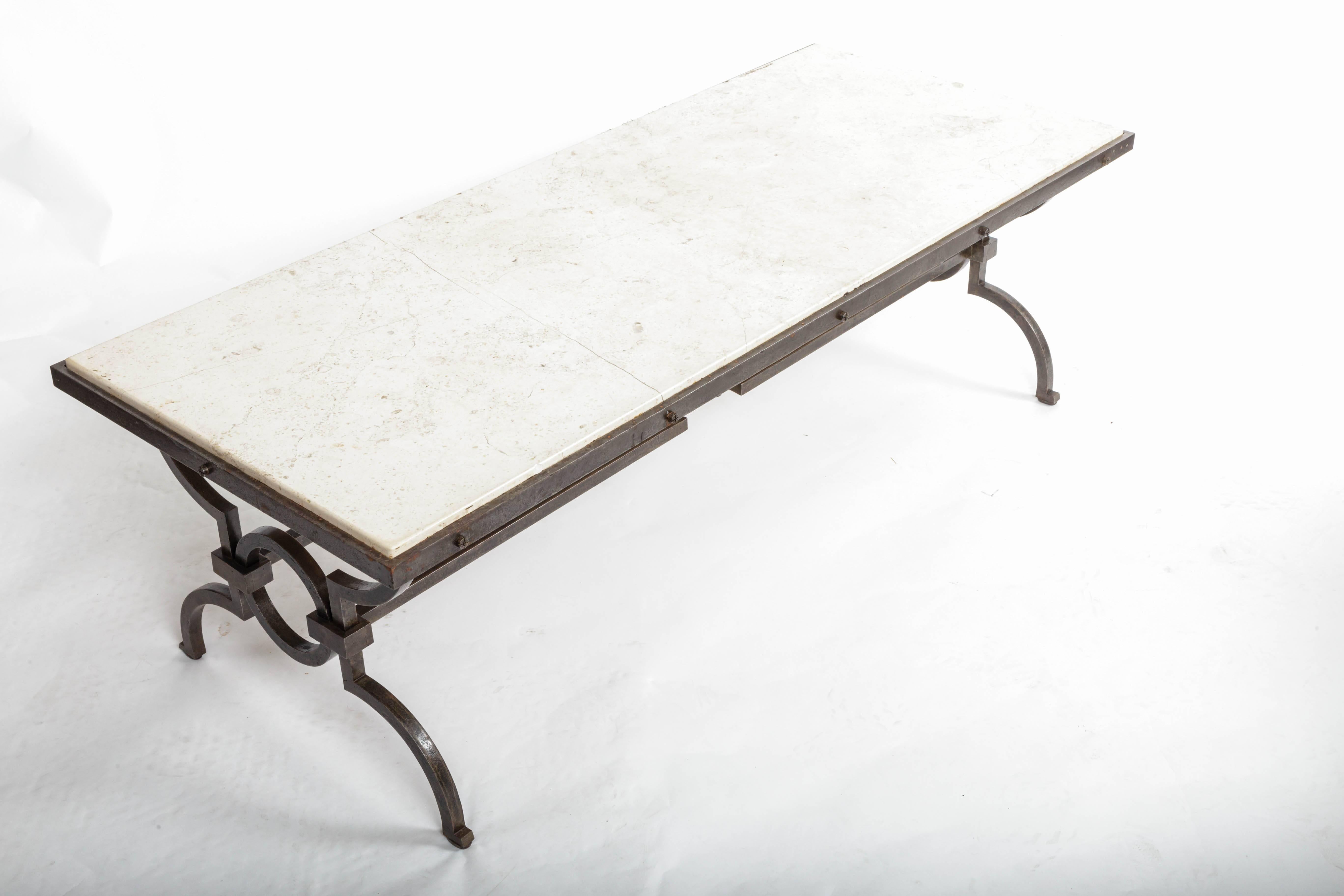 Black Patinated and Gilded Wrought Iron Coffee Table by Gilbert Poillerat, Franc In Excellent Condition For Sale In New York City, NY