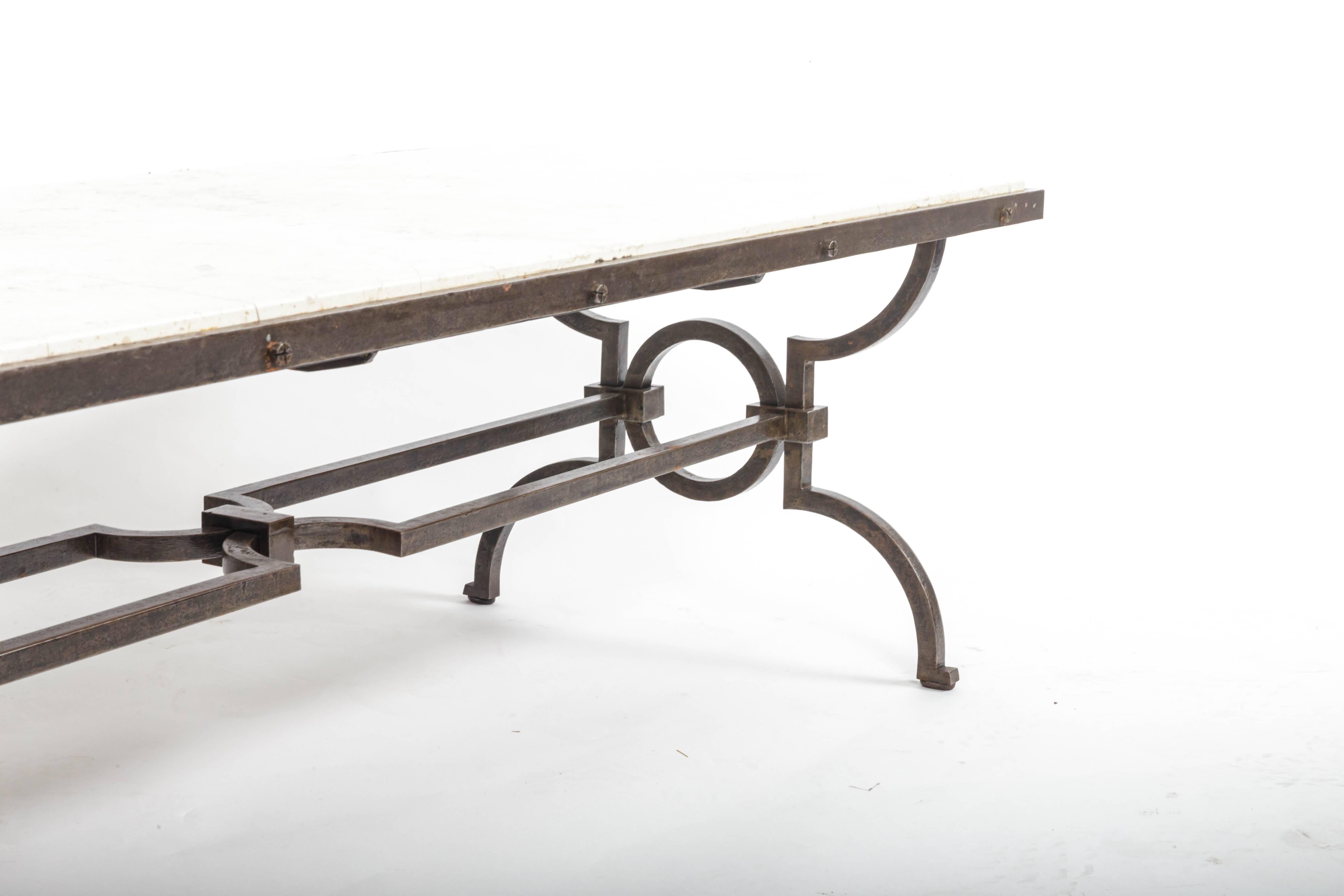 Stone Black Patinated and Gilded Wrought Iron Coffee Table by Gilbert Poillerat, Franc For Sale