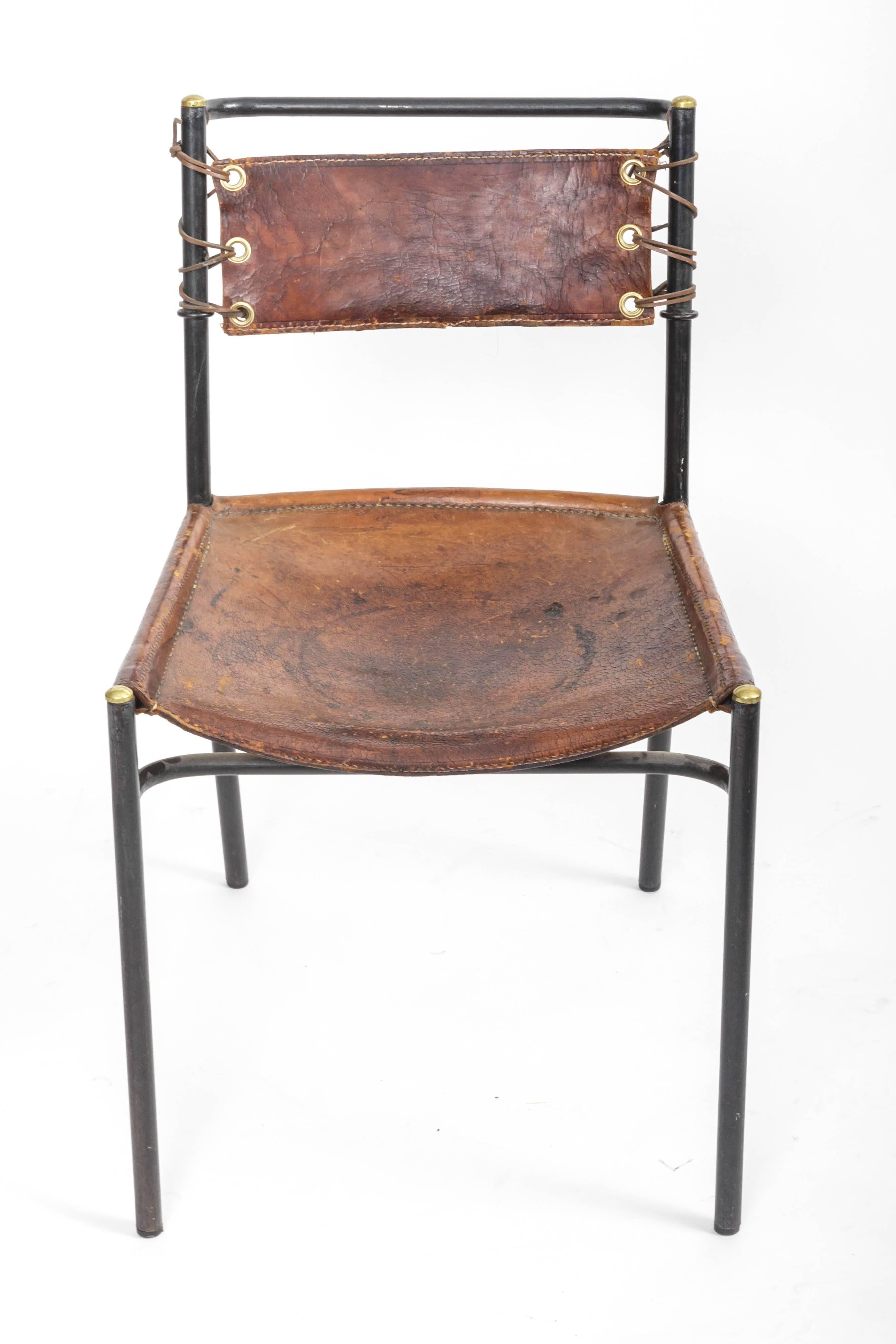 French Leather and Metal Side Chair in the Style of Jacques Adnet, France, c. 1950s
