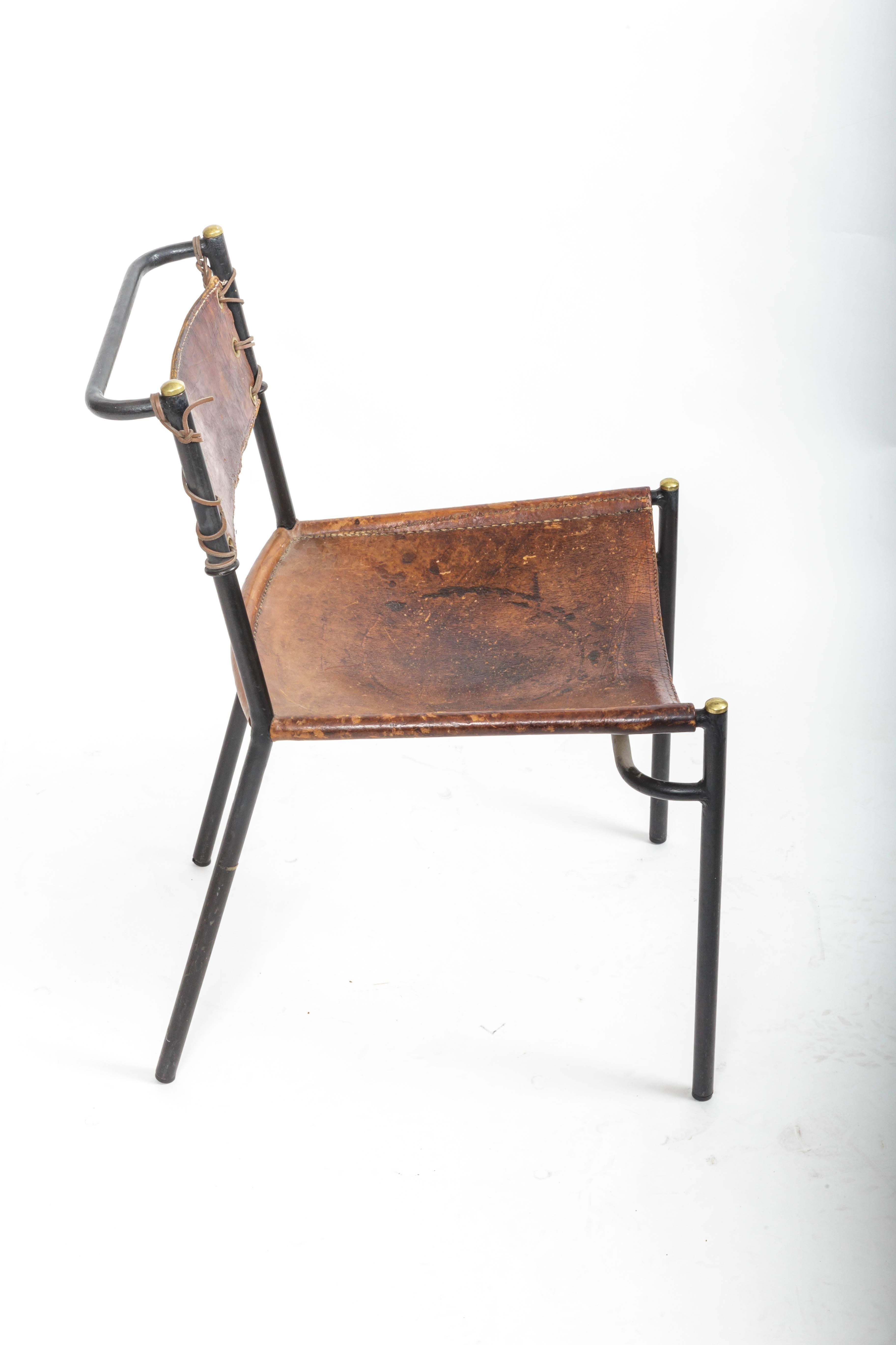 Leather and Metal Side Chair in the Style of Jacques Adnet, France, c. 1950s In Good Condition In New York City, NY