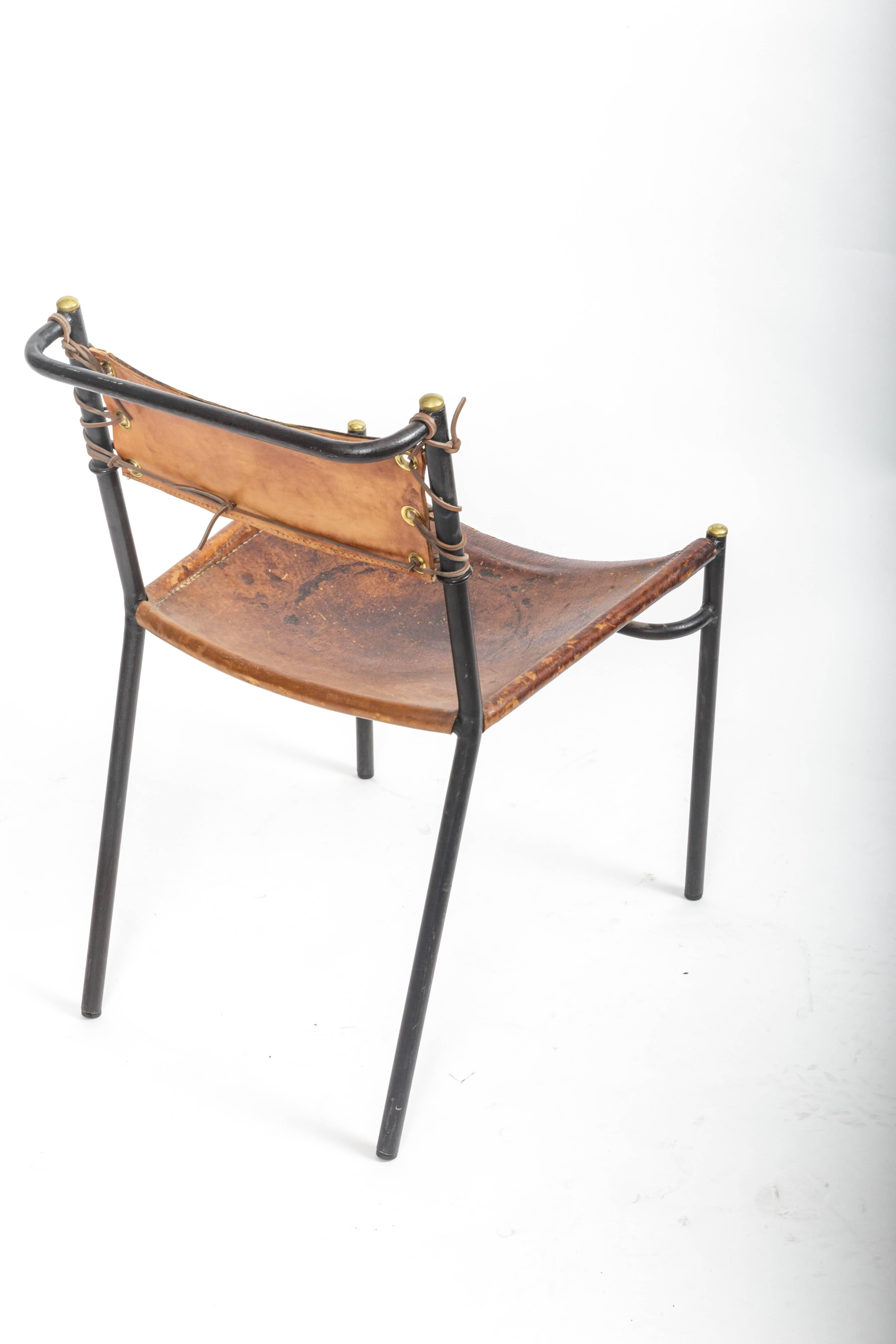 Mid-20th Century Leather and Metal Side Chair in the Style of Jacques Adnet, France, c. 1950s