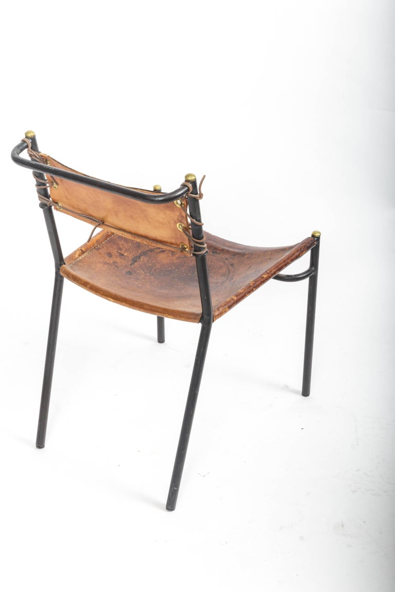Mid-20th Century Leather and Metal Side Chair in the Style of Jacques Adnet, France, c. 1950s For Sale