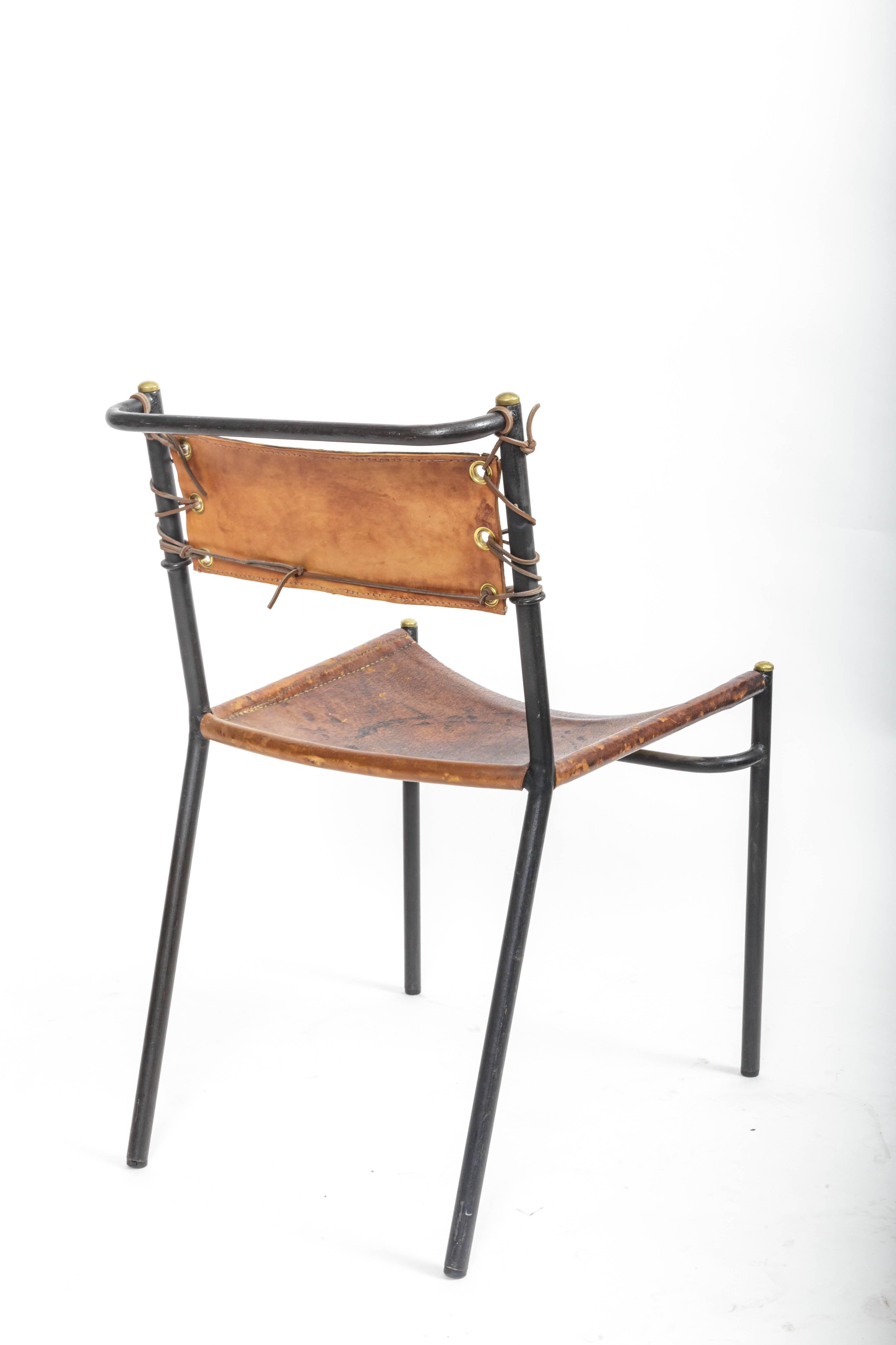 Leather and Metal Side Chair in the Style of Jacques Adnet, France, c. 1950s 1