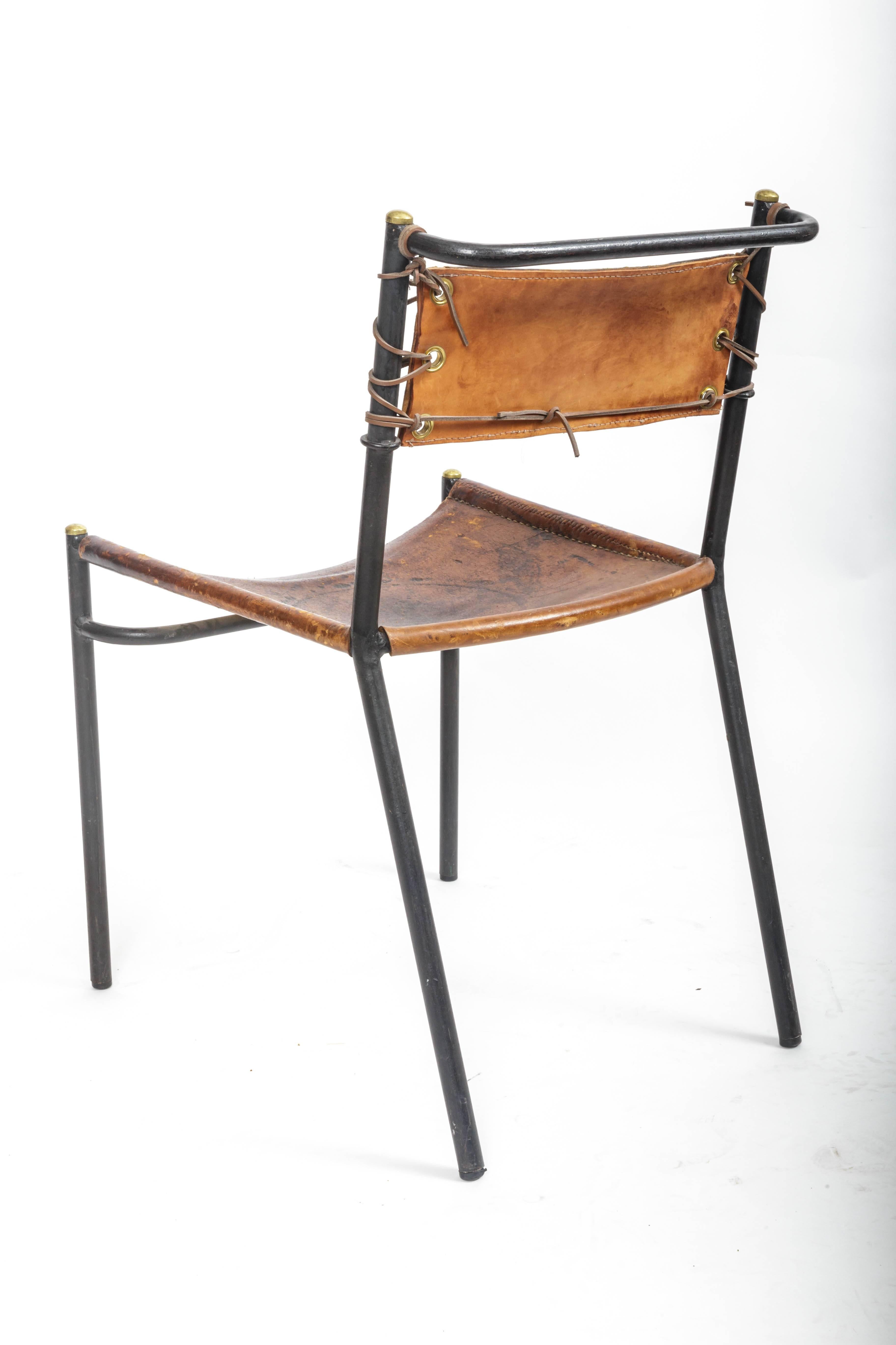 Leather and Metal Side Chair in the Style of Jacques Adnet, France, c. 1950s 2