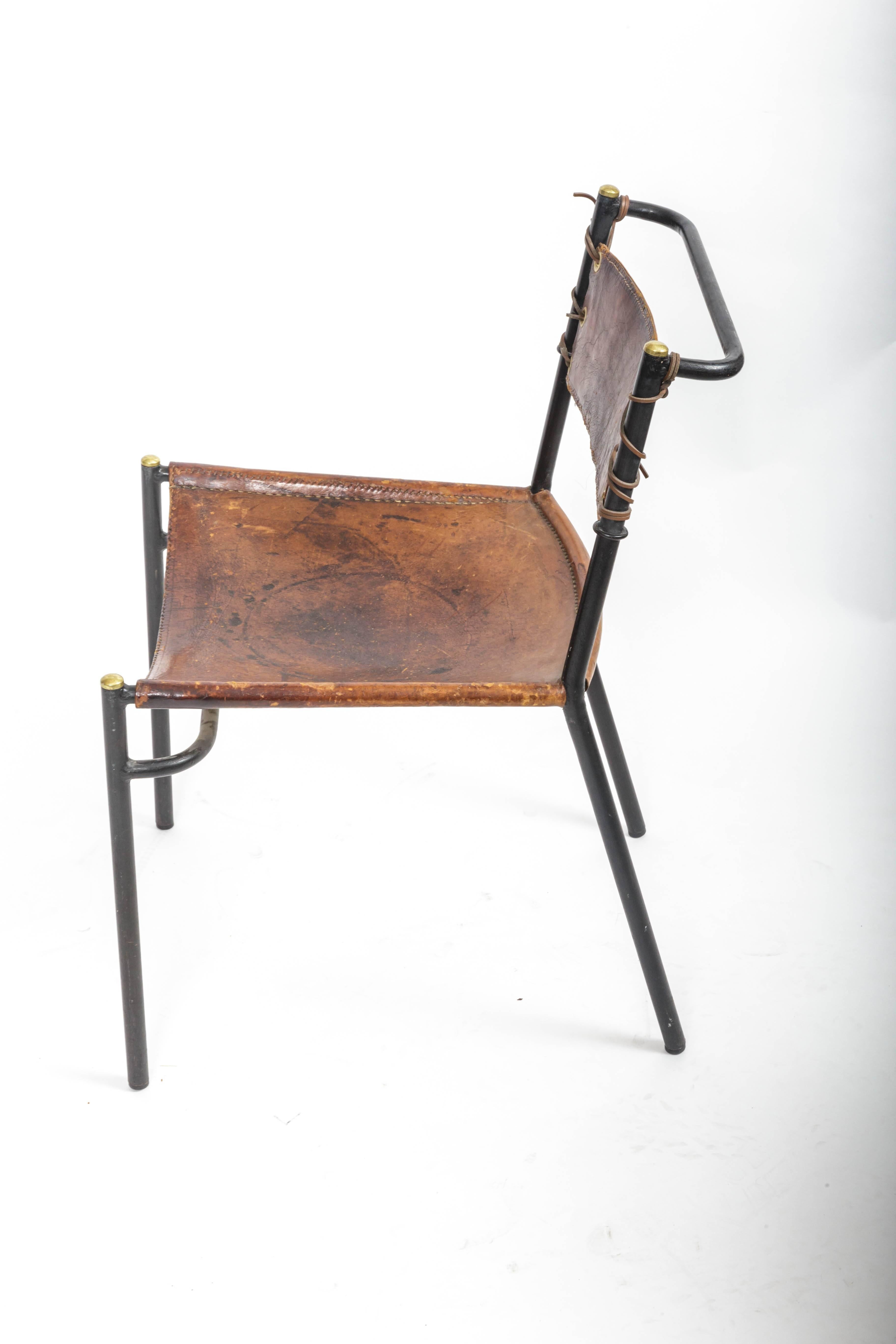 Leather and Metal Side Chair in the Style of Jacques Adnet, France, c. 1950s 3