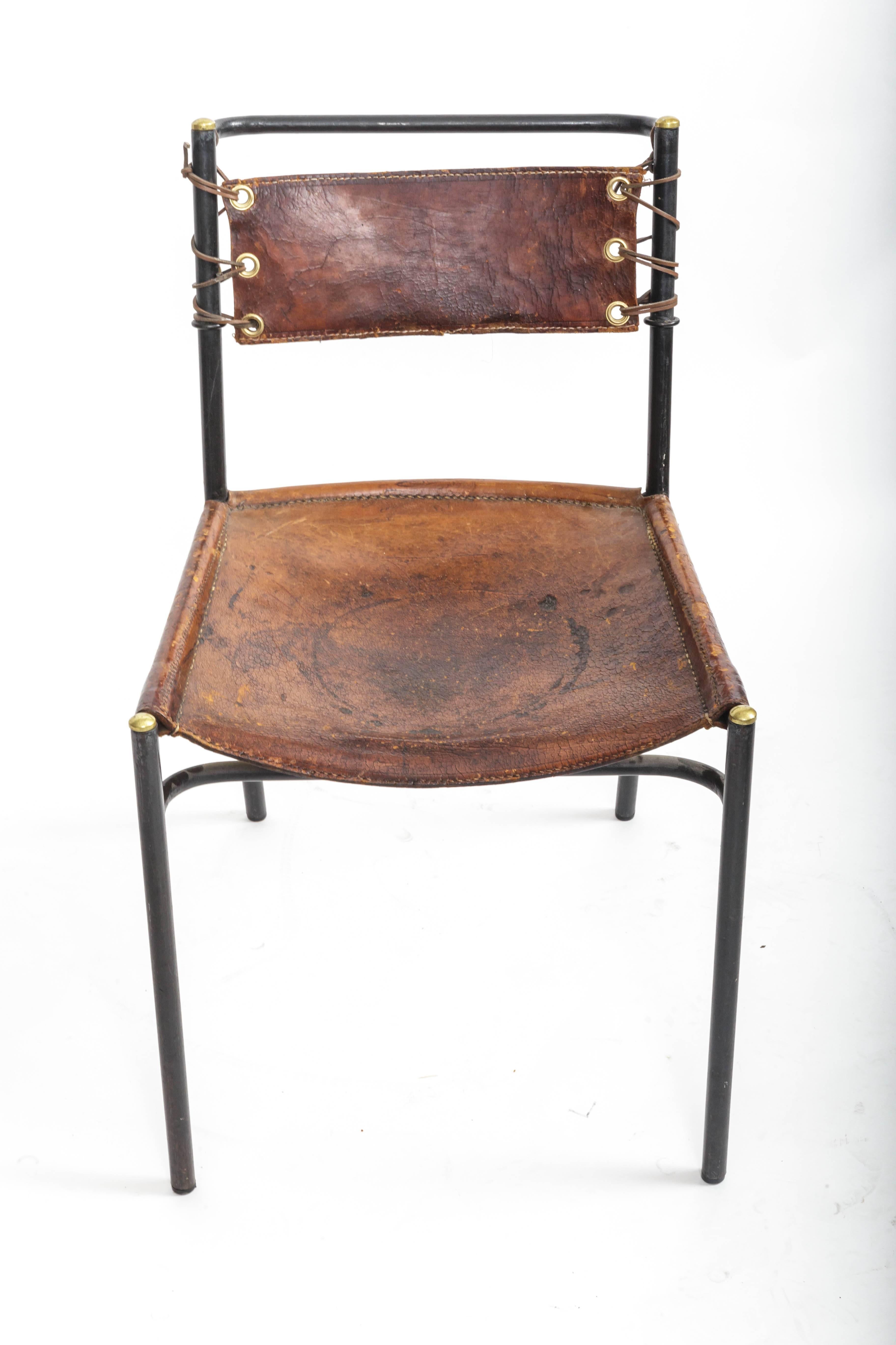 Leather and Metal Side Chair in the Style of Jacques Adnet, France, c. 1950s 4