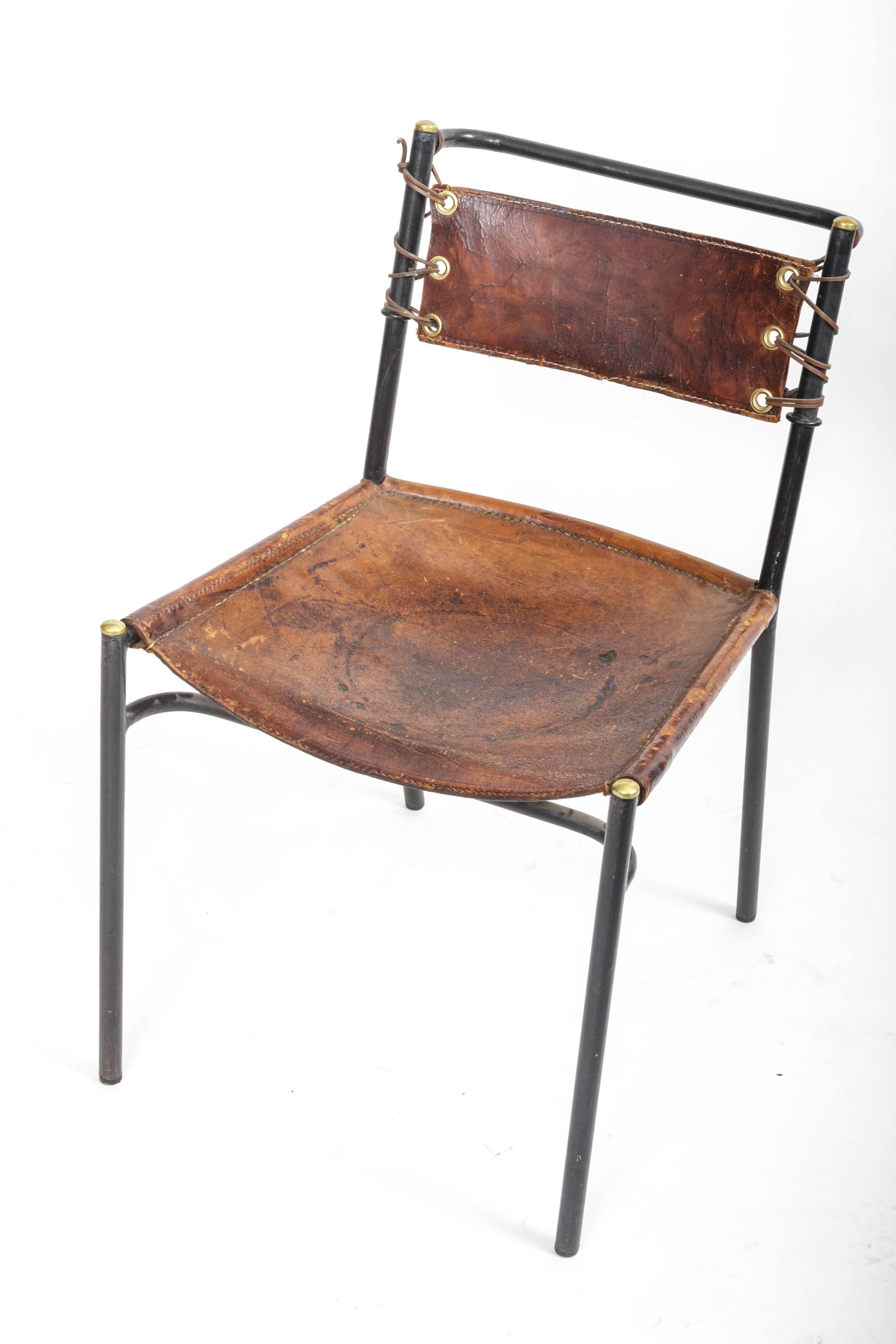 Leather and Metal Side Chair in the Style of Jacques Adnet, France, c. 1950s 5