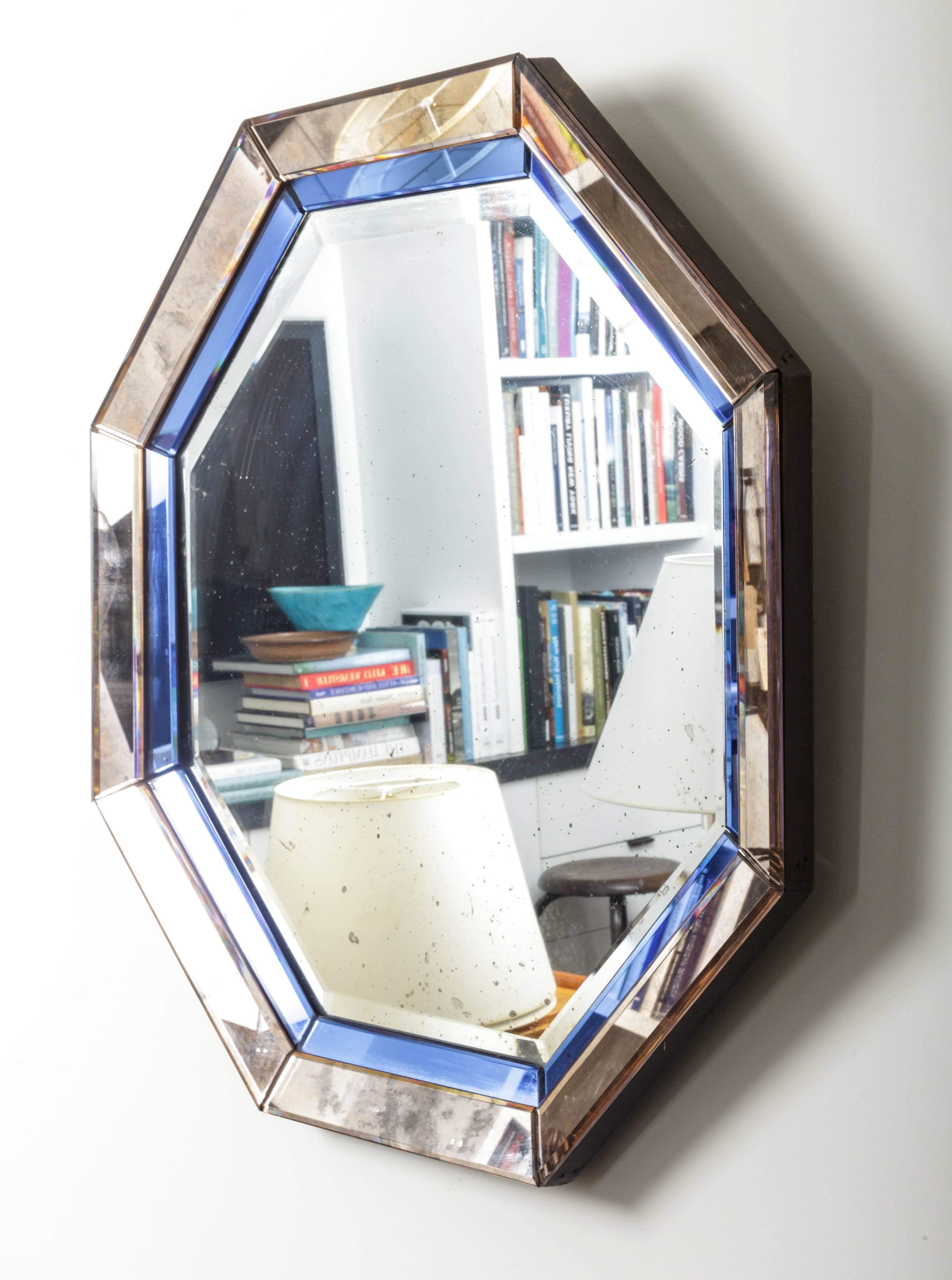 Octagonal Mirror with Blue and Antiqued Silver Frame In Good Condition In New York City, NY