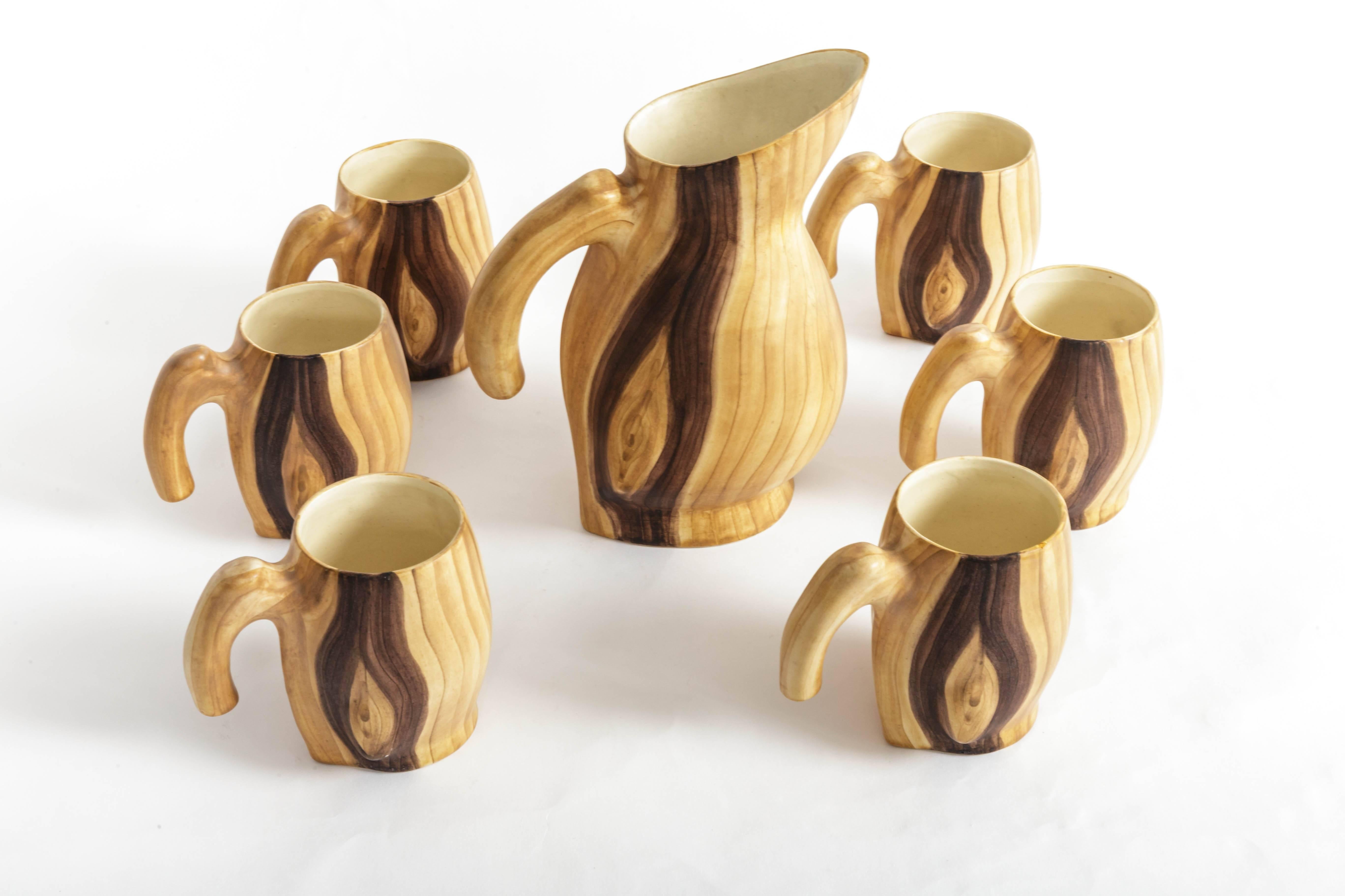 Set of Faux Bois Ceramic Pitcher and Mugs by Grandjean Jourdan In Excellent Condition In New York City, NY