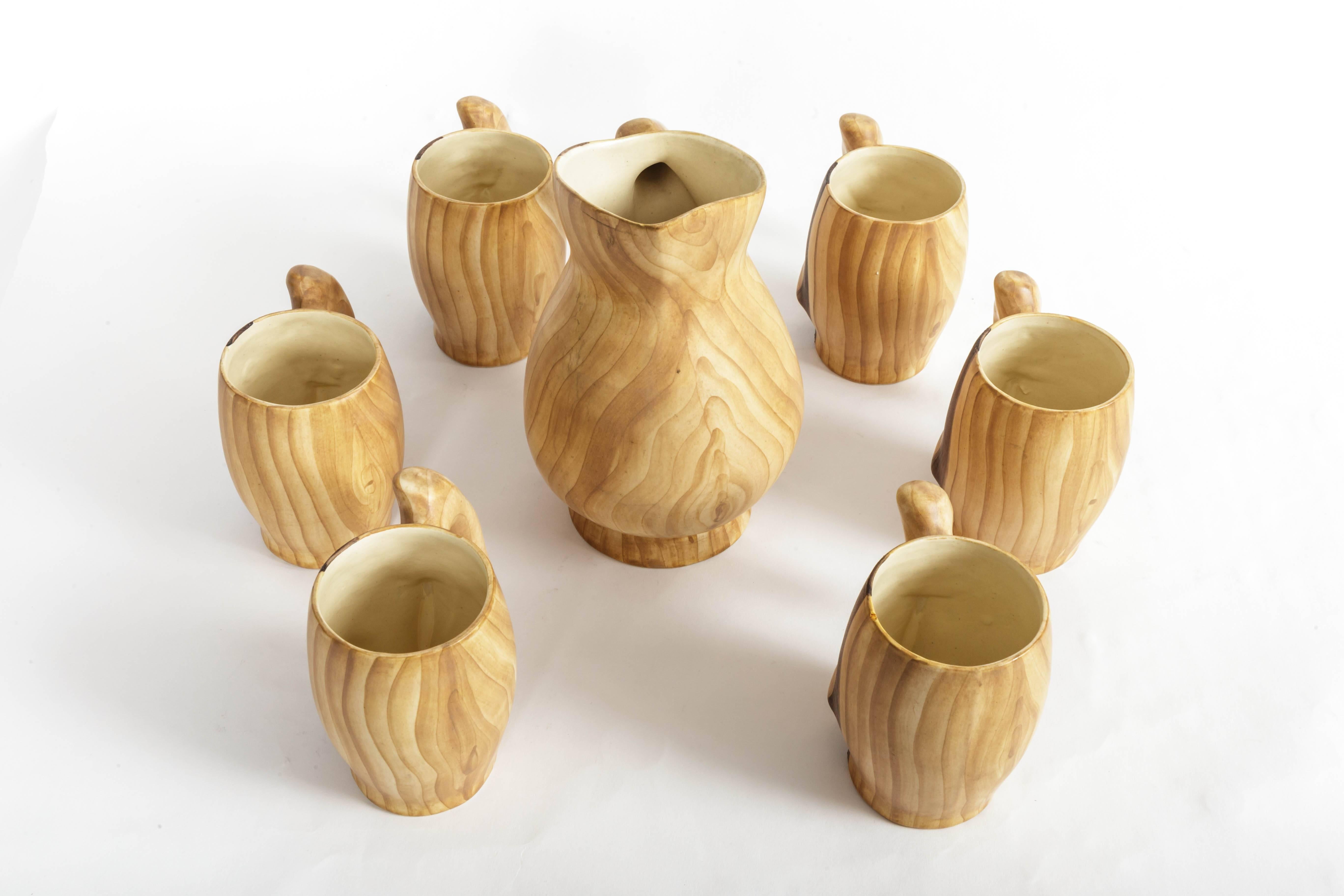 Set of Faux Bois Ceramic Pitcher and Mugs by Grandjean Jourdan 1