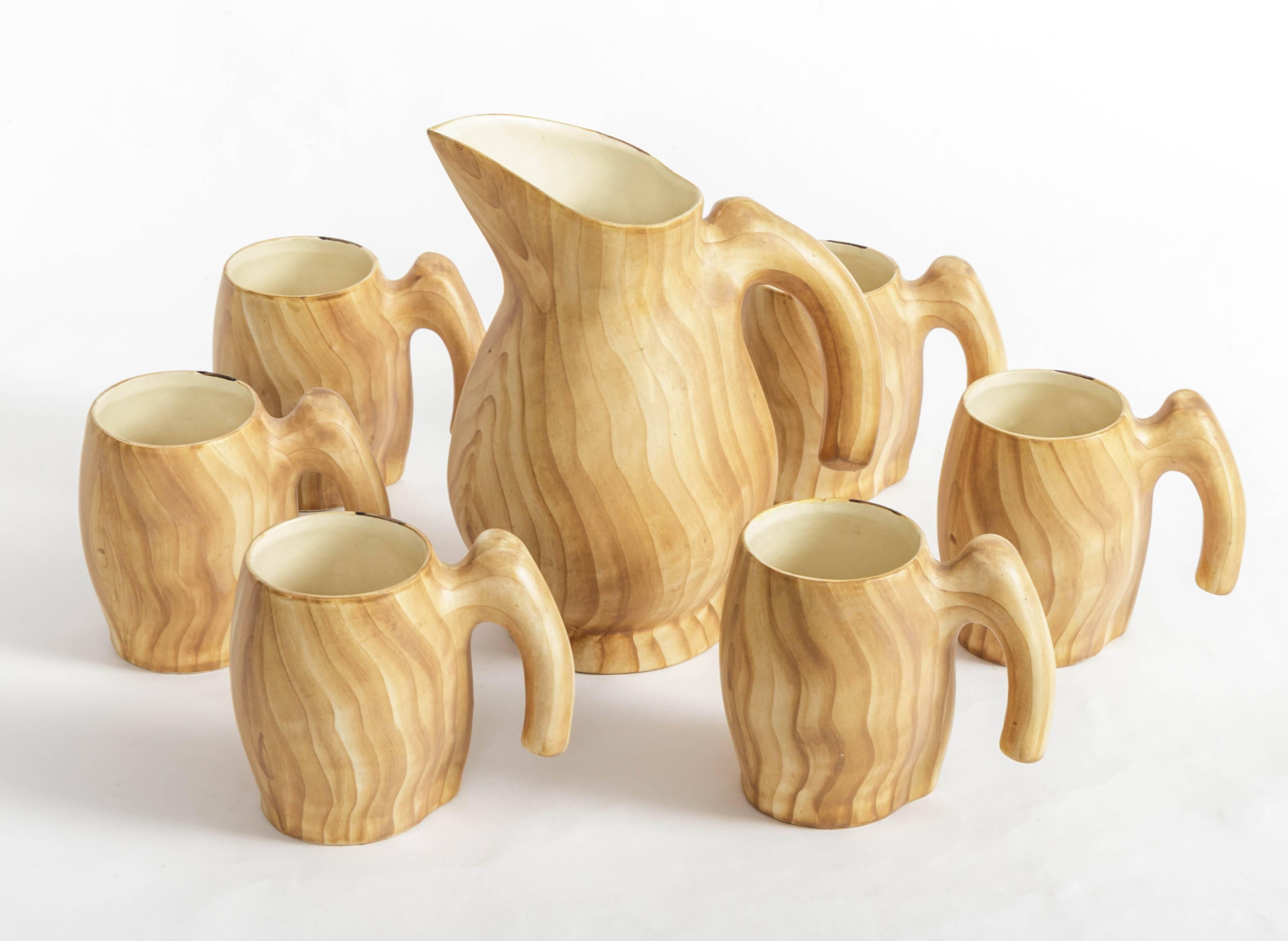 Set of Faux Bois Ceramic Pitcher and Mugs by Grandjean Jourdan 2