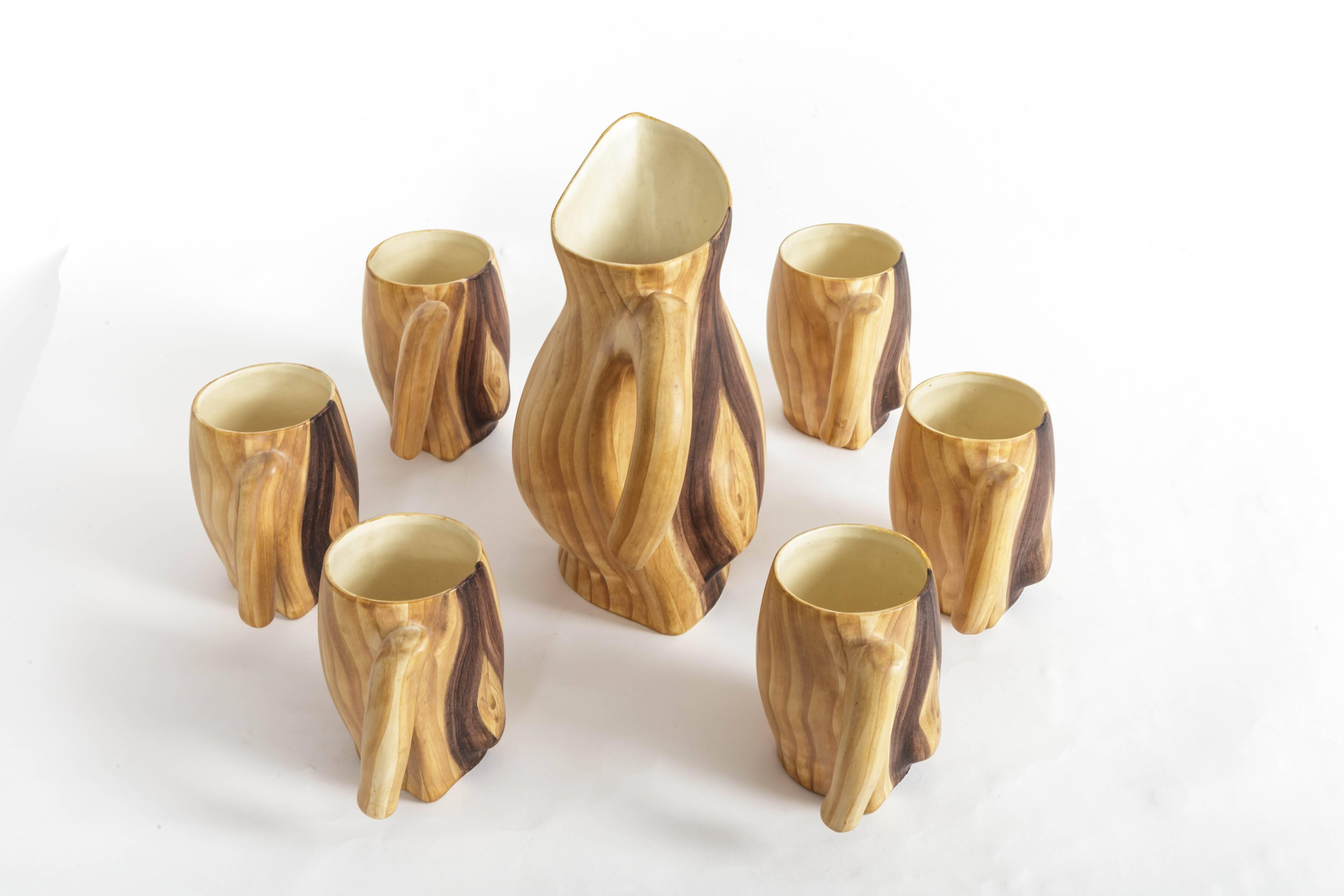 Set of Faux Bois Ceramic Pitcher and Mugs by Grandjean Jourdan 4