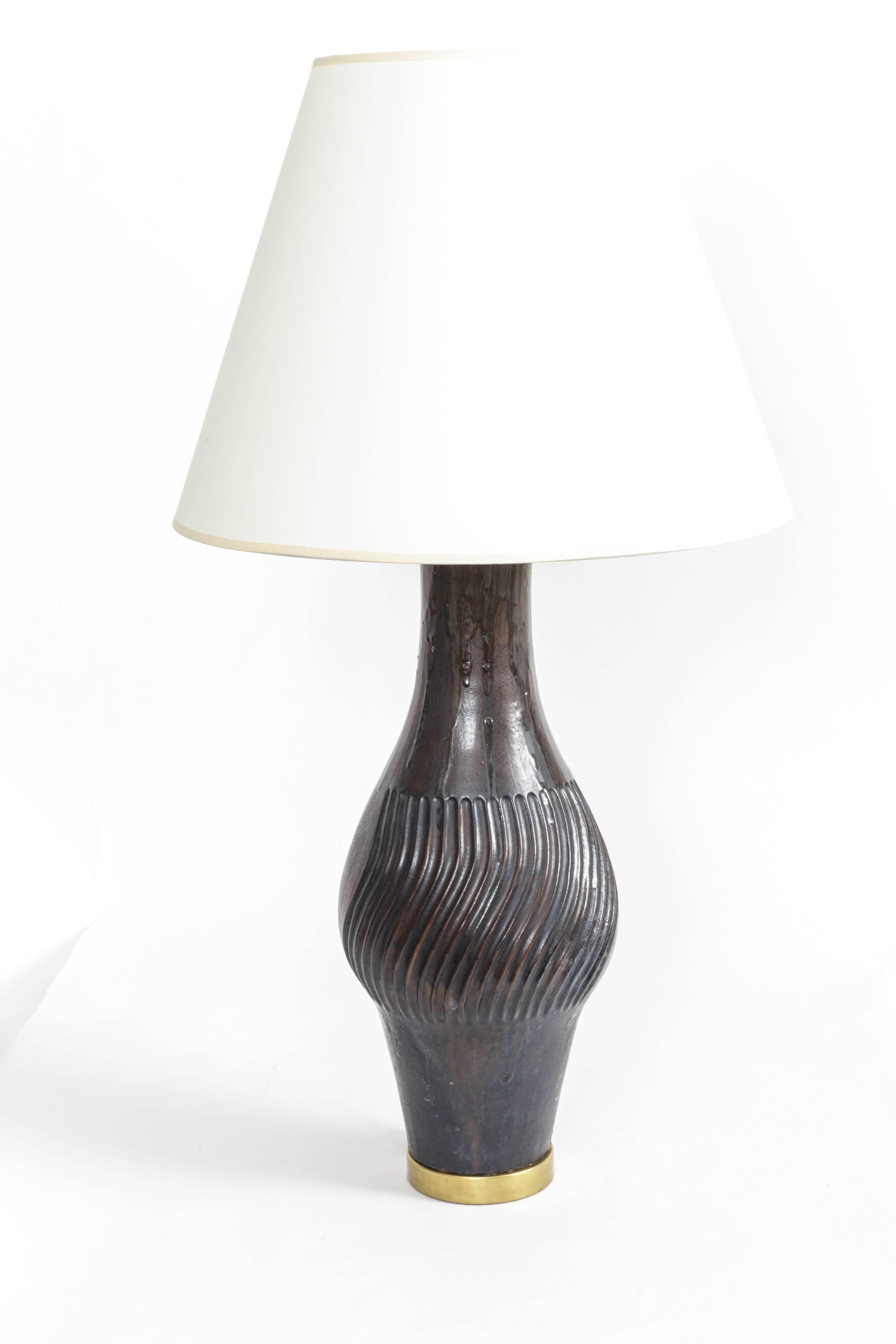 Mid-20th Century Large Ceramic and Brass Table Lamp by Marcello Fantoni, Italy, 1958 For Sale