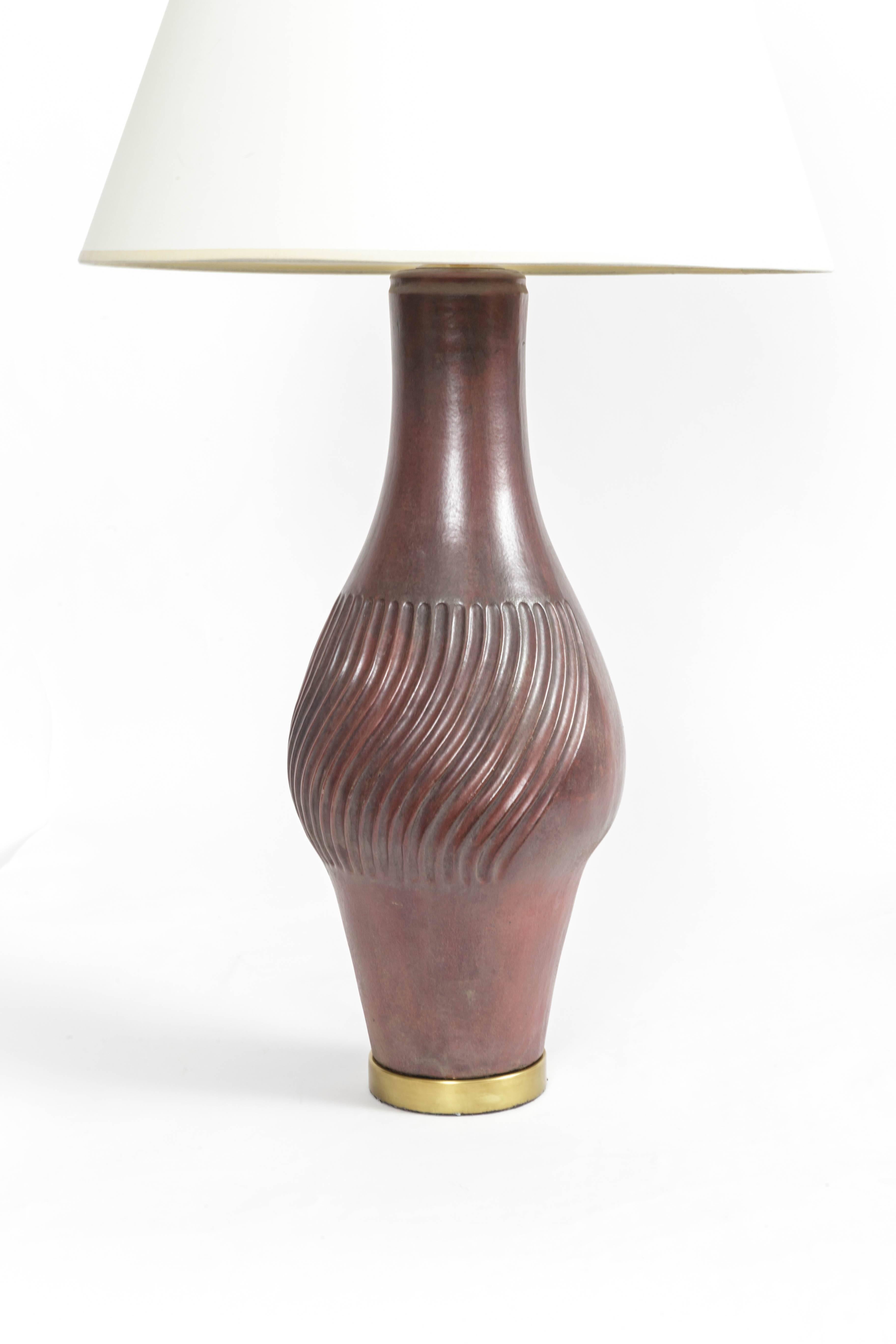 Italian Deep Red Ceramic and Brass Table Lamp by Marcello Fantoni, Italy, circa 1958
