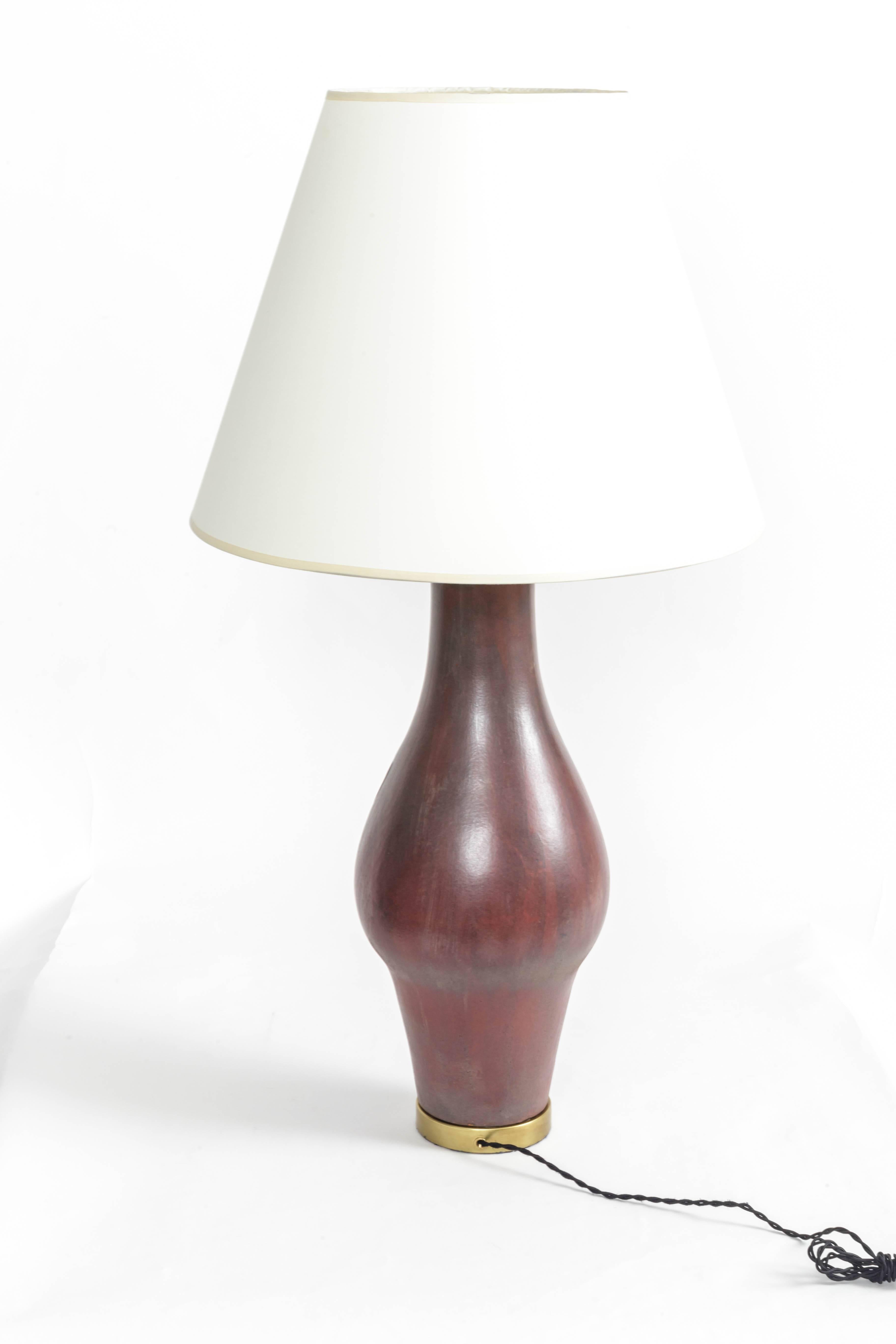 Deep Red Ceramic and Brass Table Lamp by Marcello Fantoni, Italy, circa 1958 1