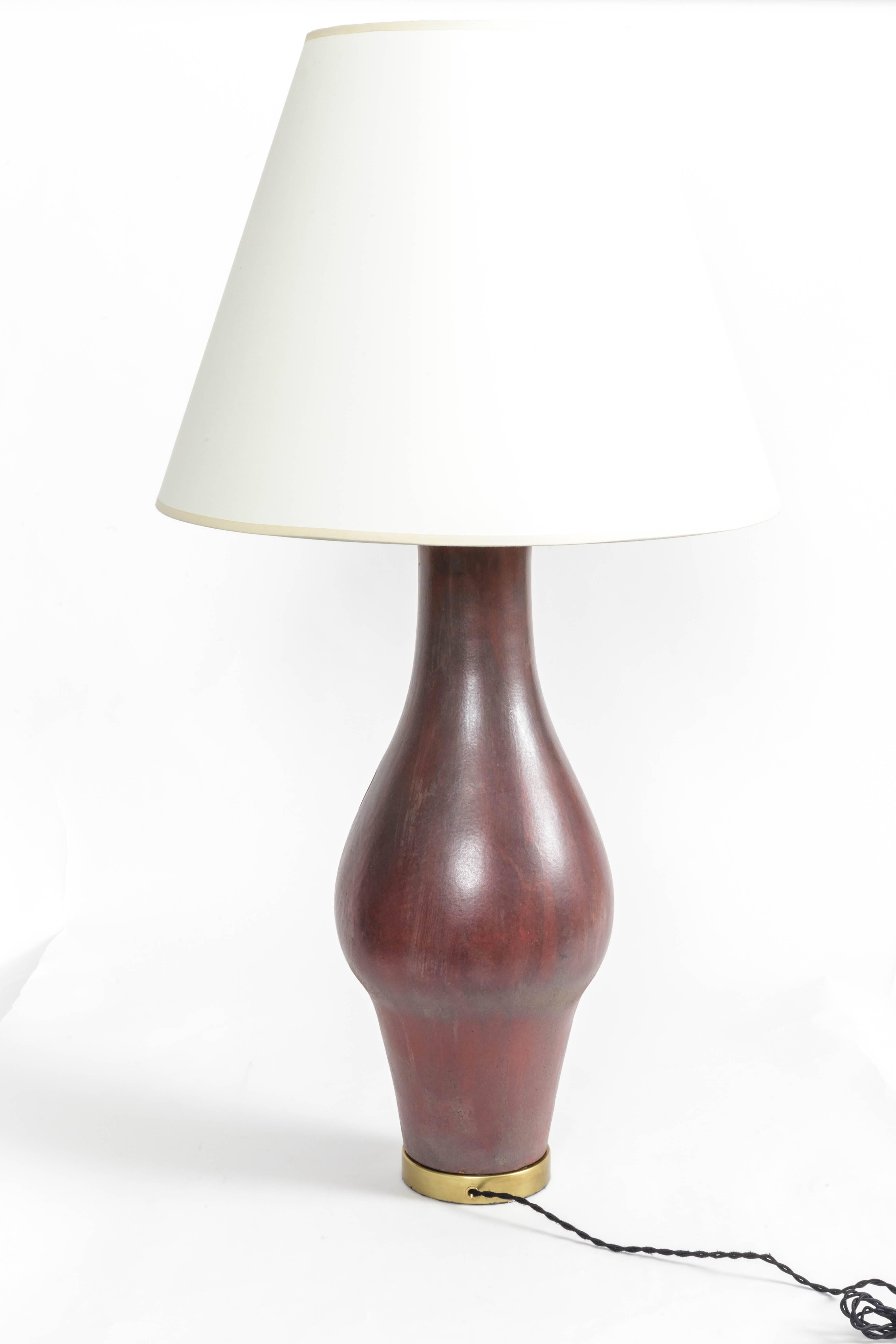 Deep Red Ceramic and Brass Table Lamp by Marcello Fantoni, Italy, circa 1958 2