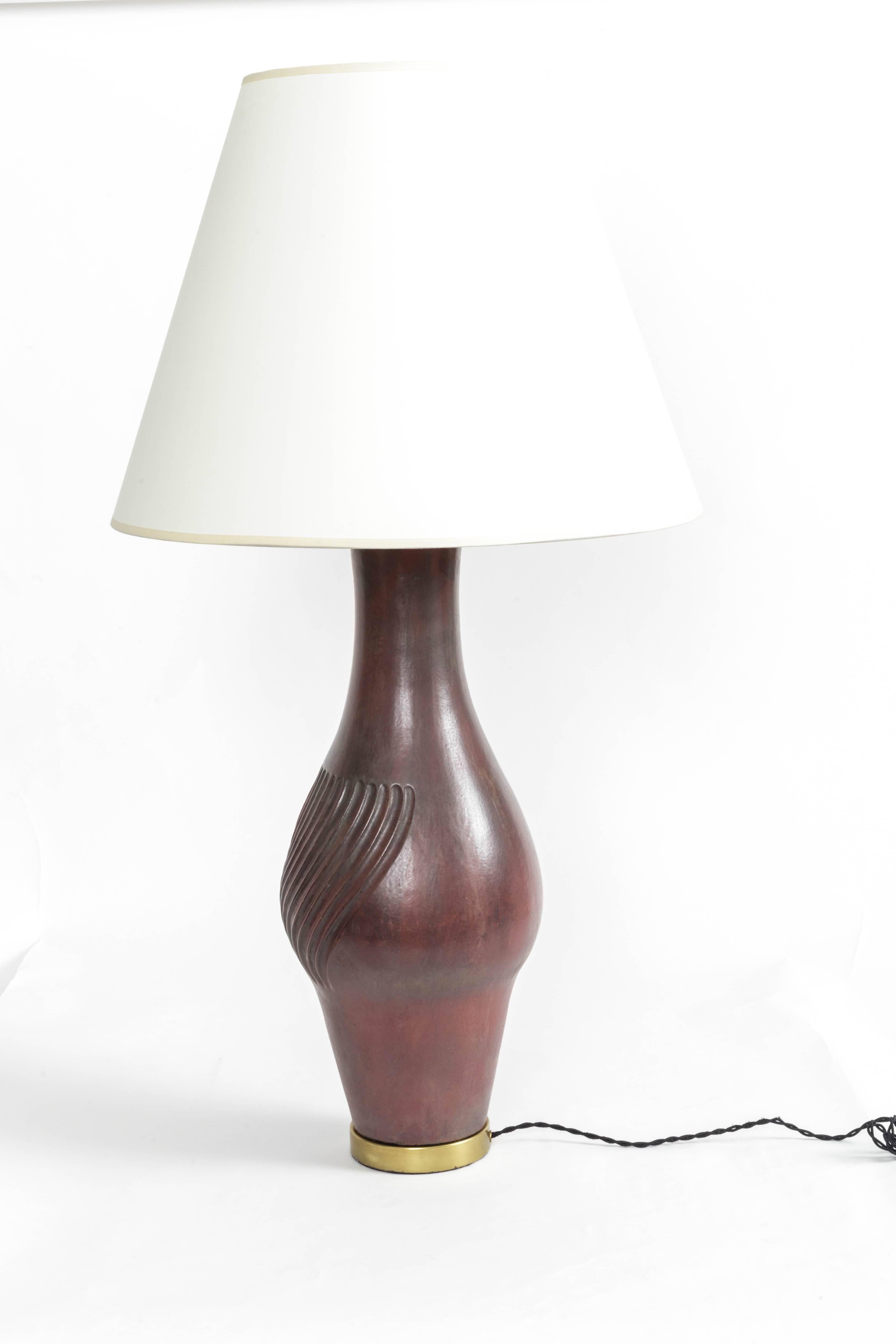 Deep Red Ceramic and Brass Table Lamp by Marcello Fantoni, Italy, circa 1958 3