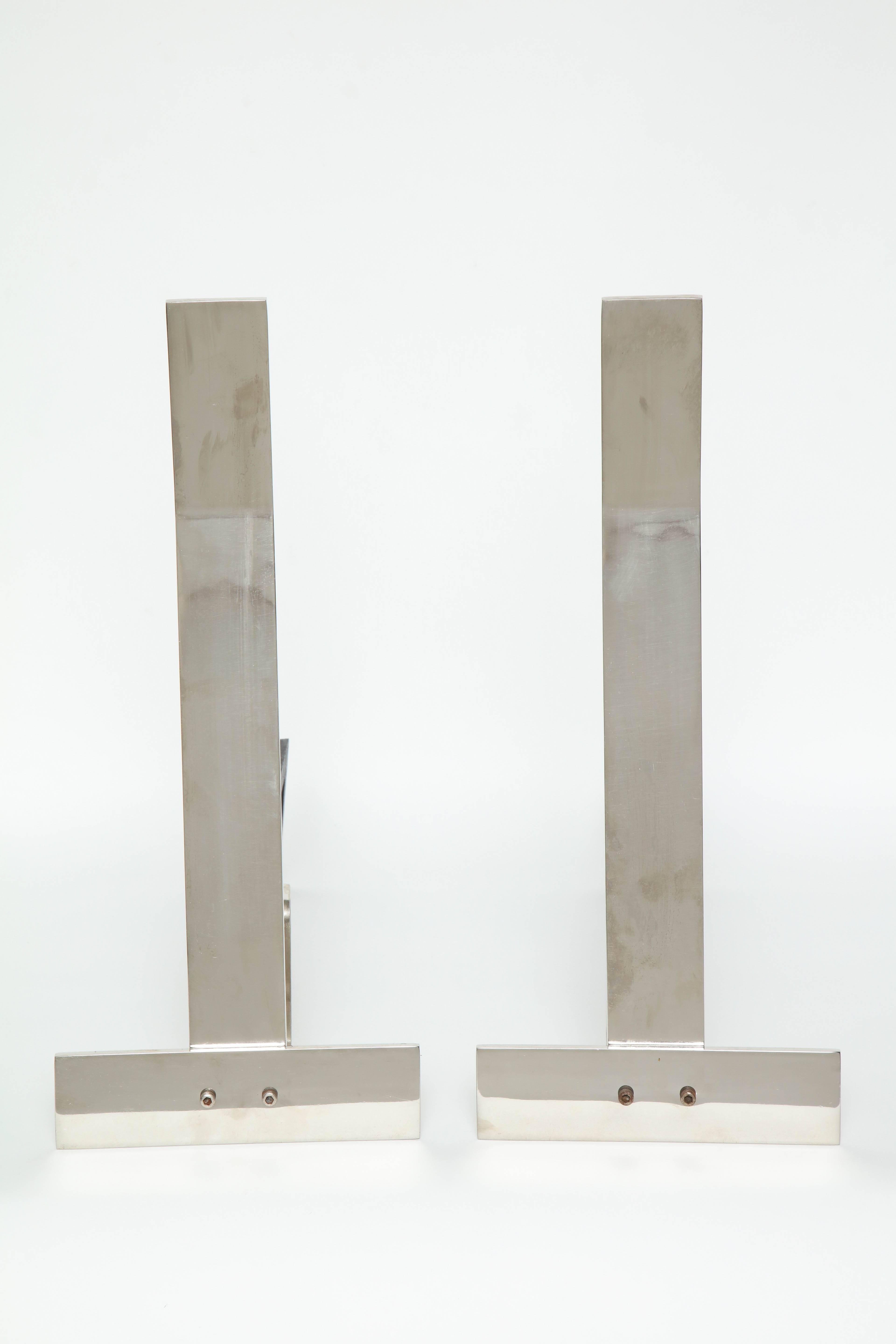 Polished Modernist Nickel Andirons by Alessandro
