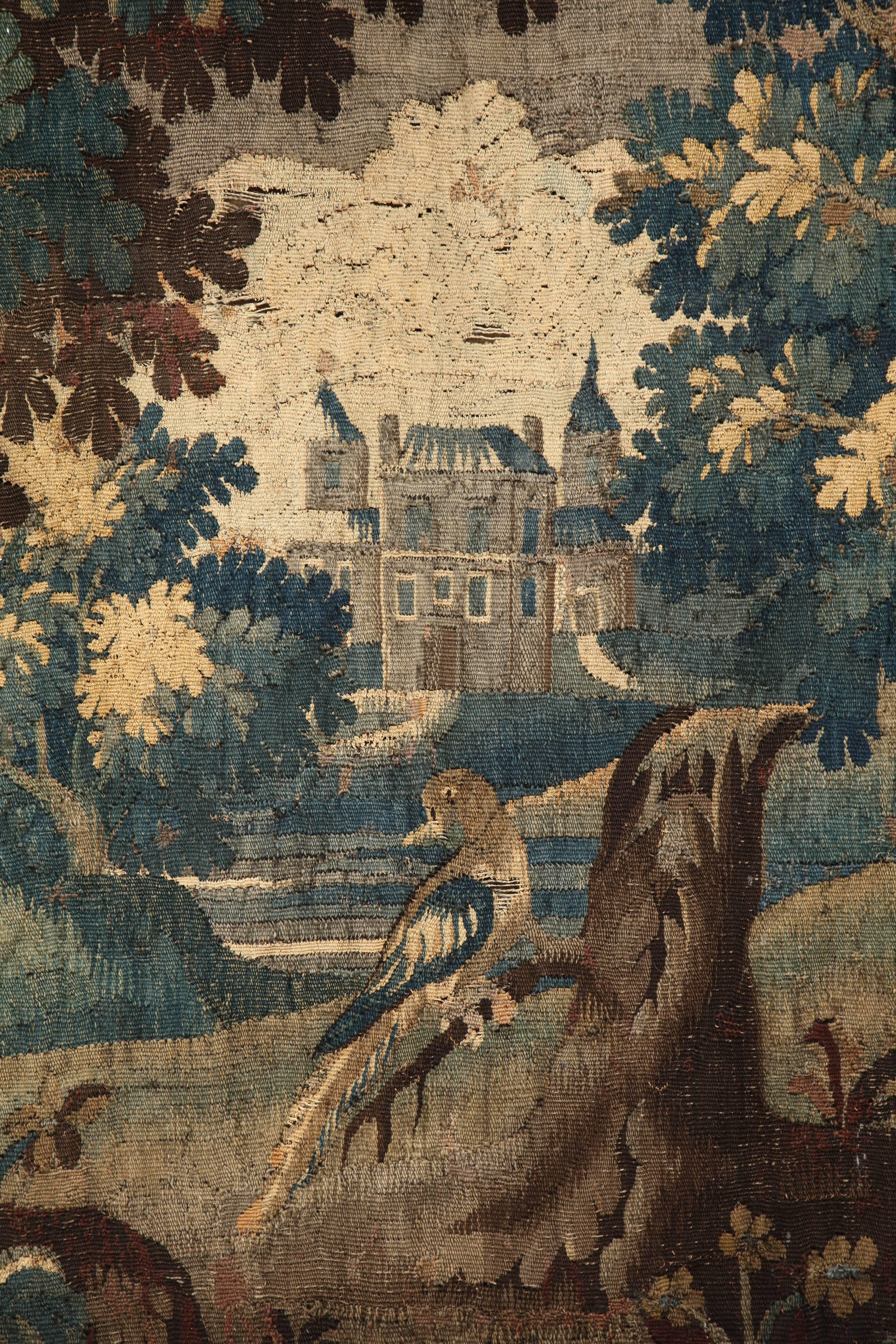 French Antique Aubusson Verdure Landscape Tapestry.