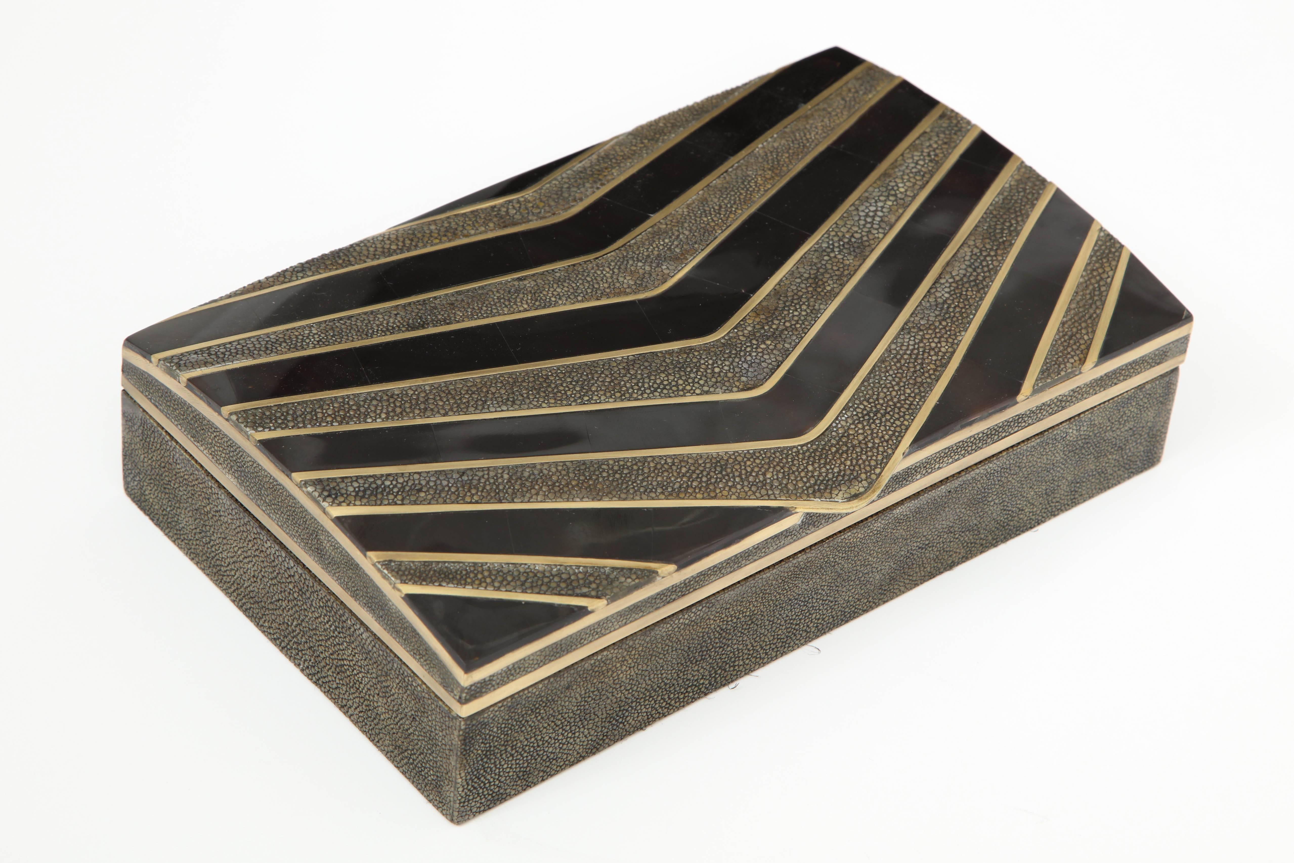 Decorative box made of shagreen, black seashell and bronze details.