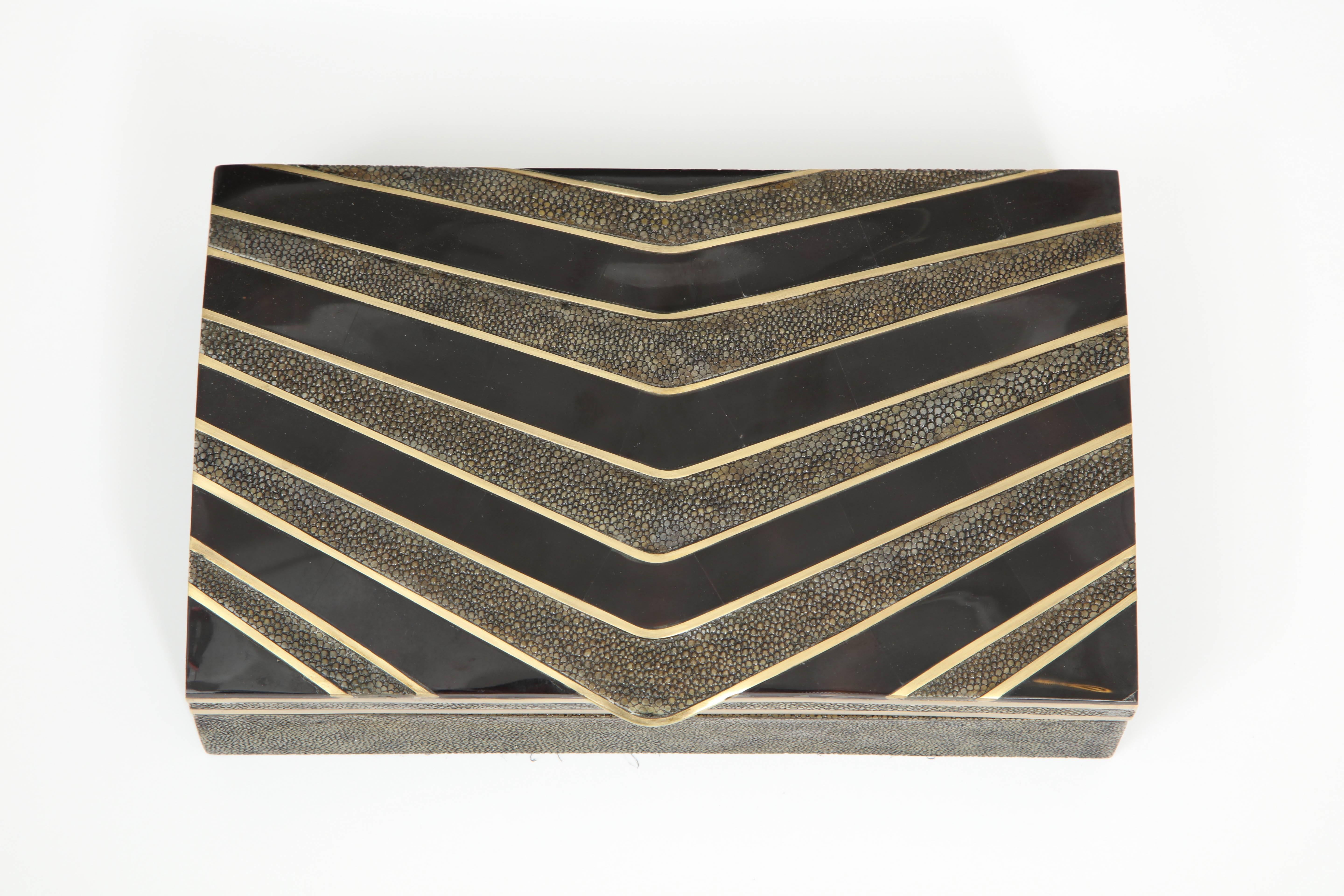 Hand-Crafted Box, Shagreen, Black Seashell and Bronze, Offered by Area ID