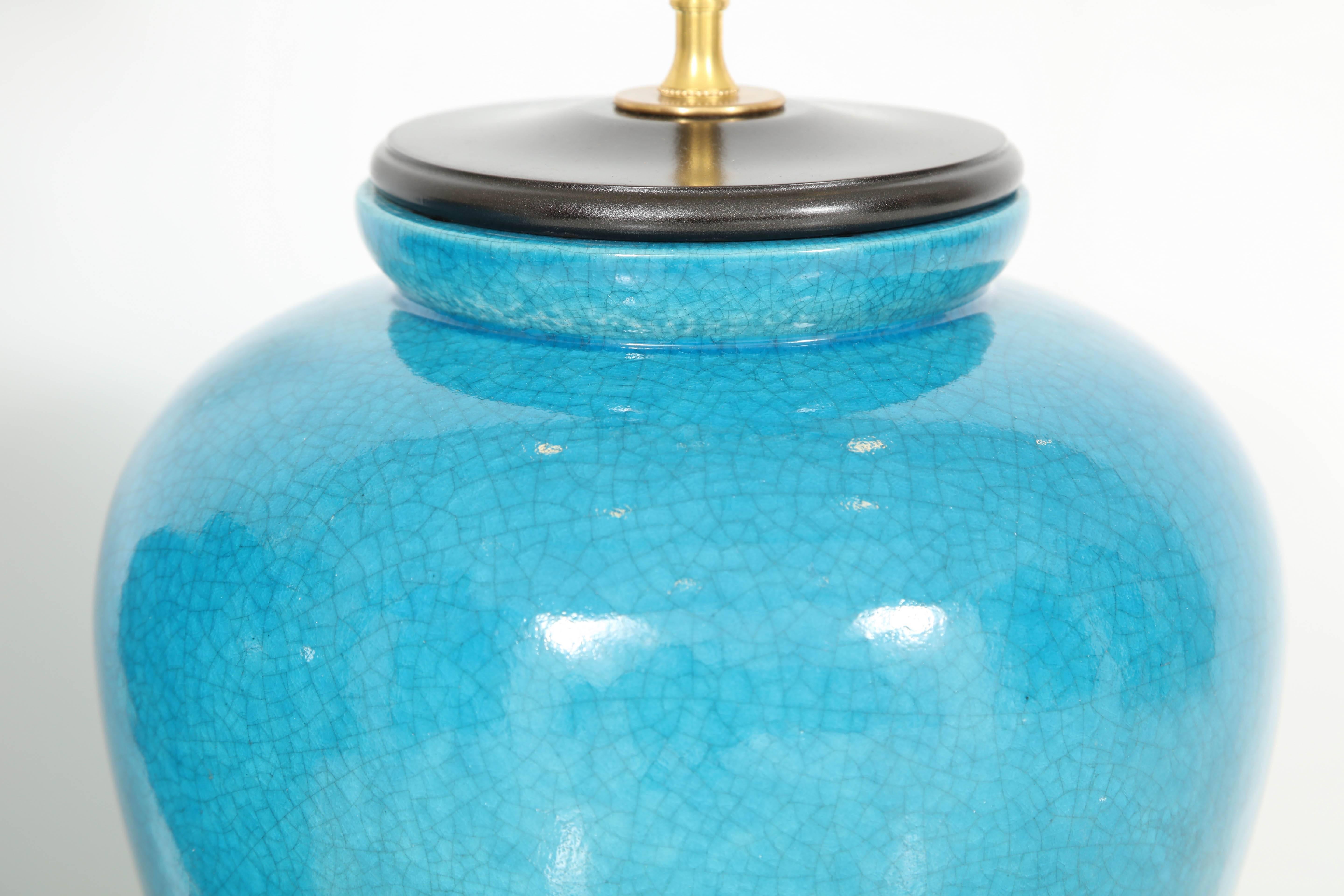 Pair of Cerulean Blue Glazed Lamps offered by PRIME Gallery In Excellent Condition In New York, NY