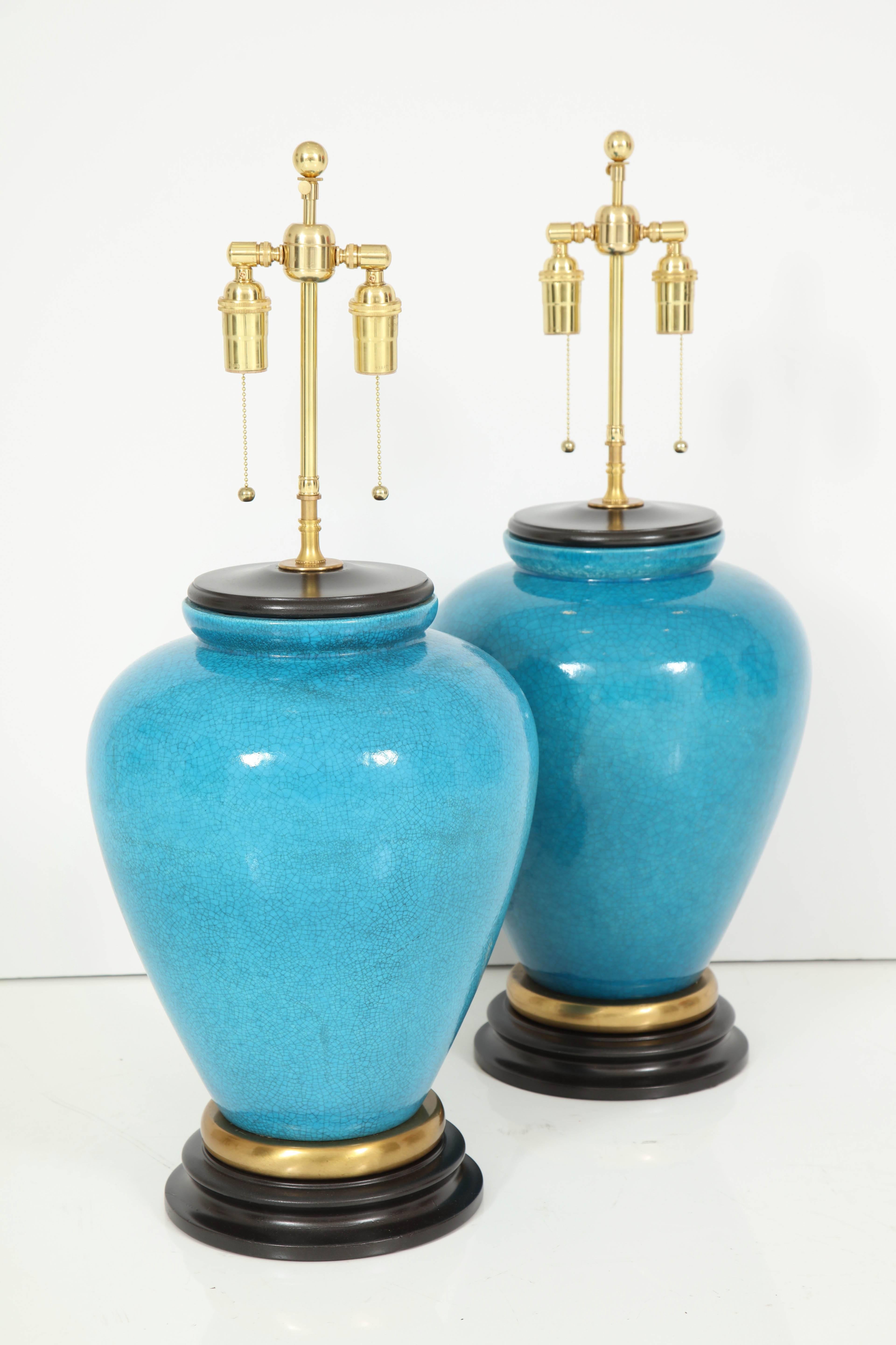 Mid-20th Century Pair of Cerulean Blue Glazed Lamps offered by PRIME Gallery