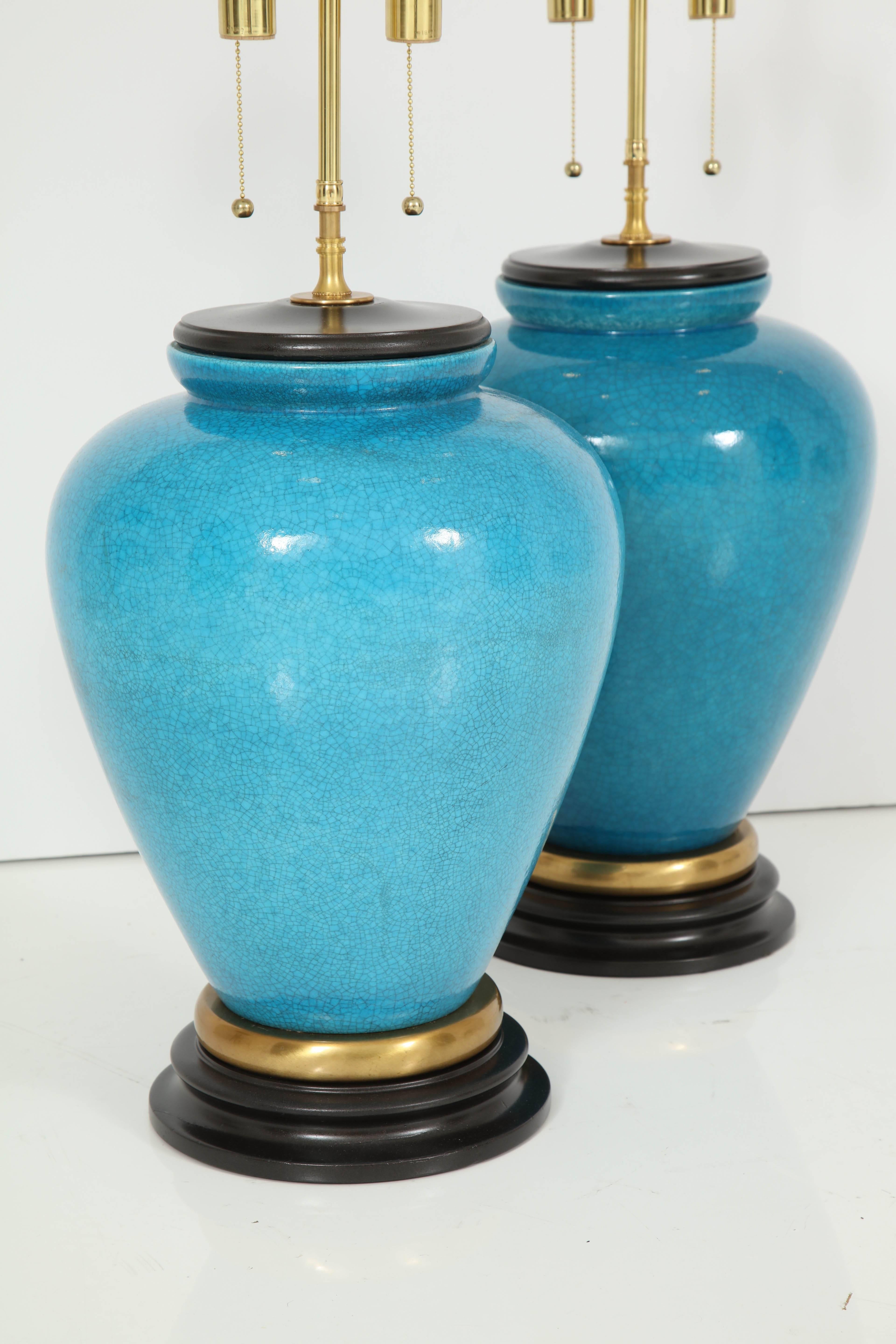 Ceramic Pair of Cerulean Blue Glazed Lamps offered by PRIME Gallery
