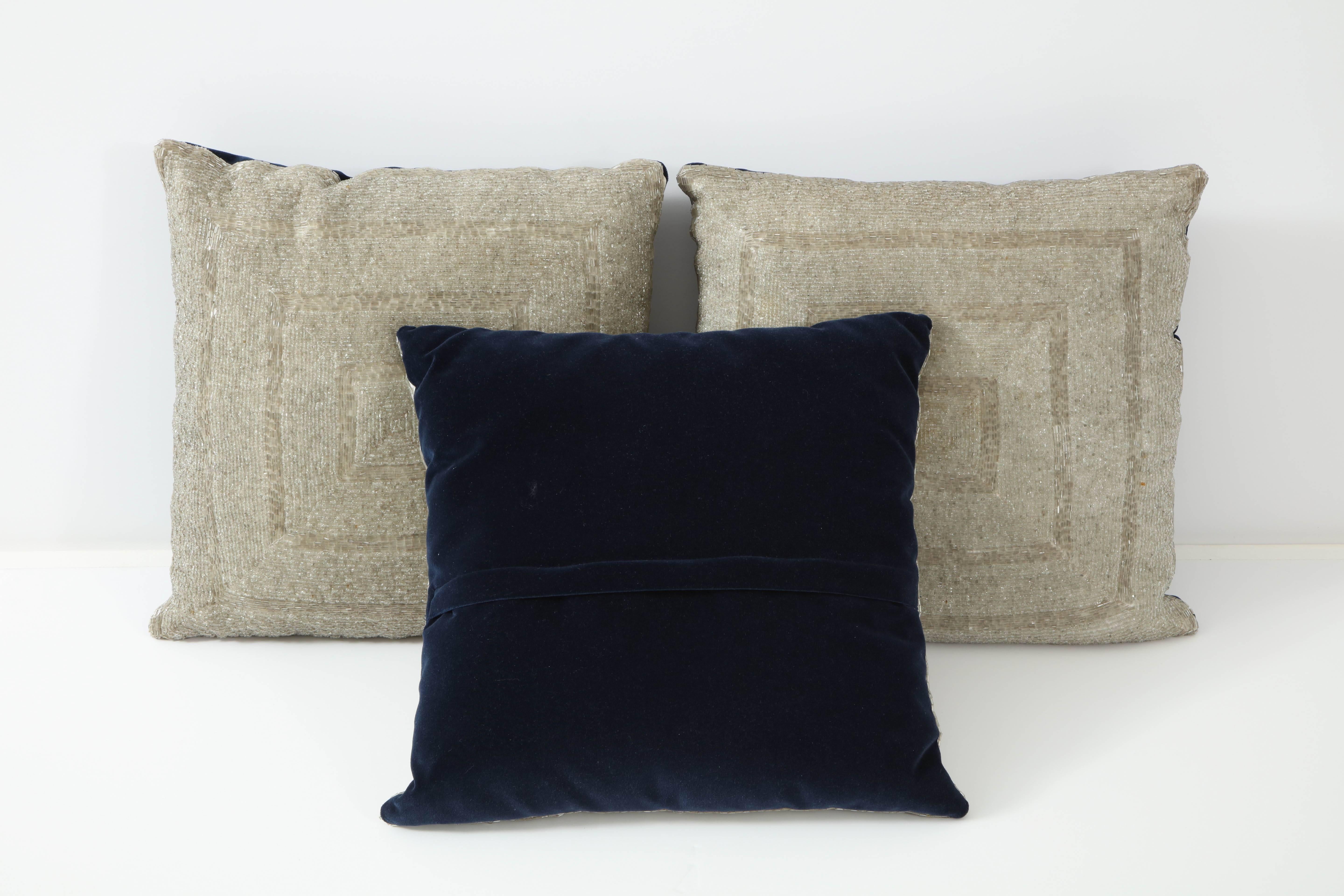 Trio of elegant vintage beaded pillows with a new luxurious midnight blue velvet back with a hidden zipper closure.
