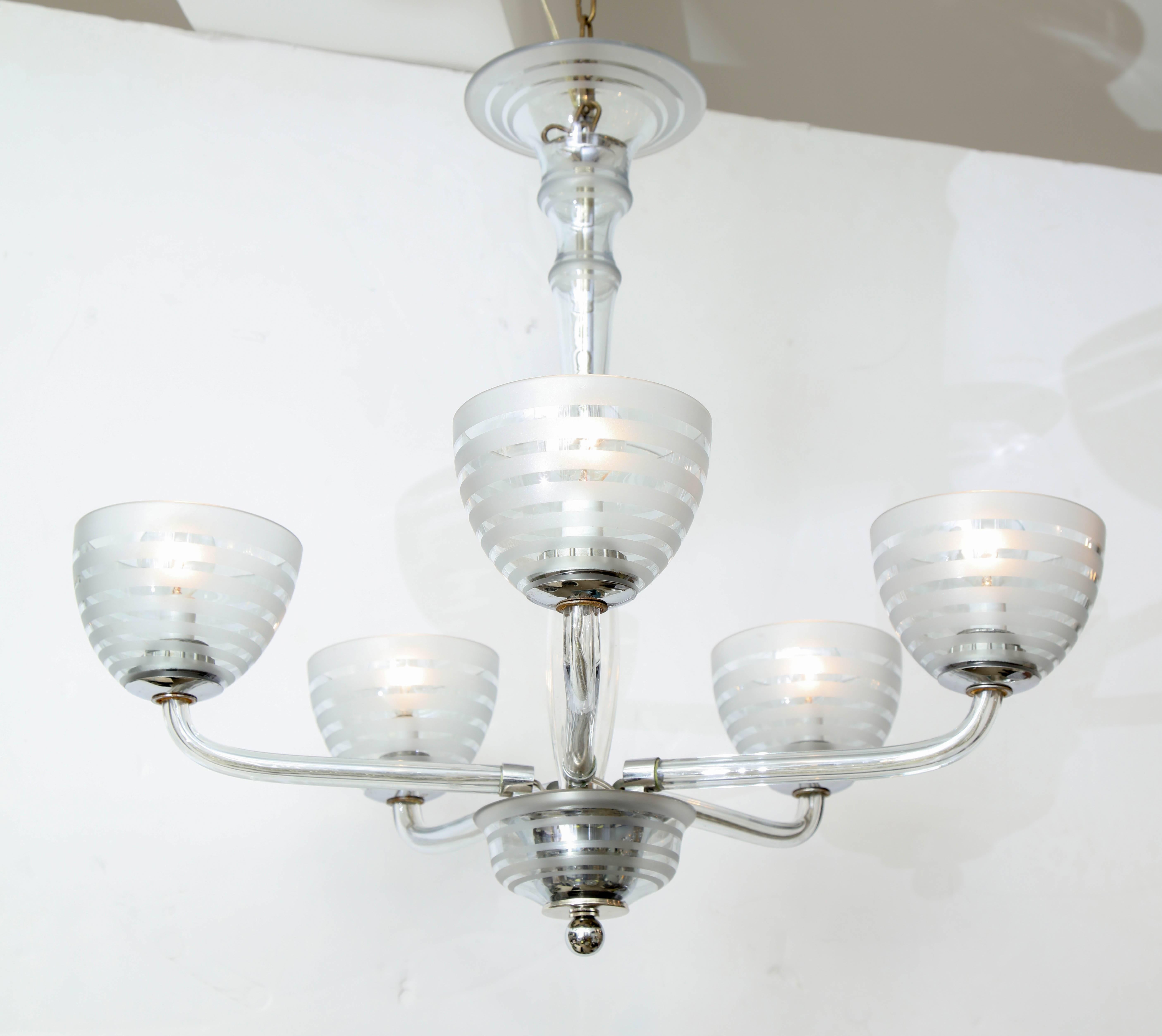 Five-Arm Glass Chandelier In Excellent Condition In New York, NY