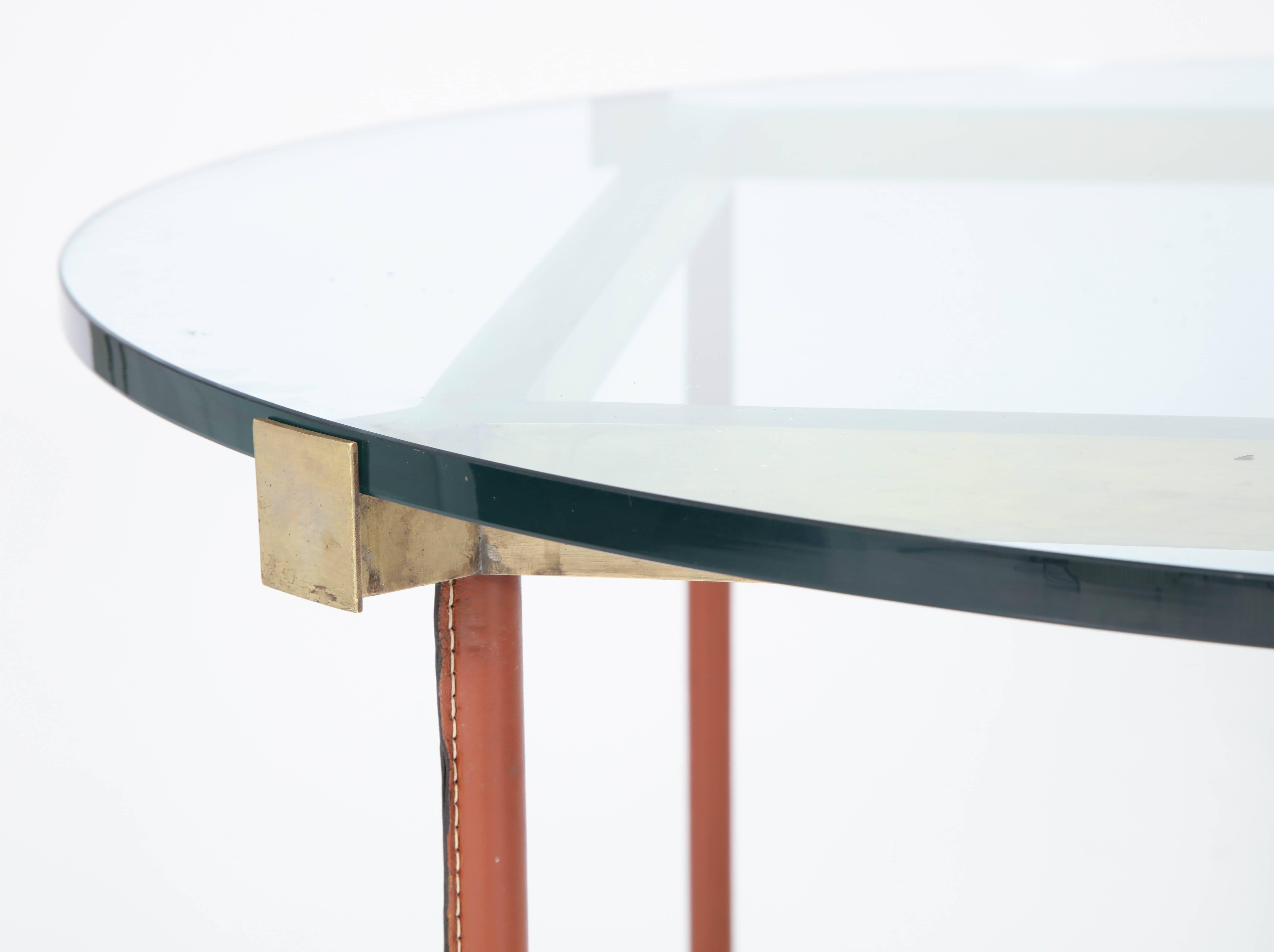 Mid-Century Modern Jacques Adnet Leather Covered and Brass Centre Table For Sale