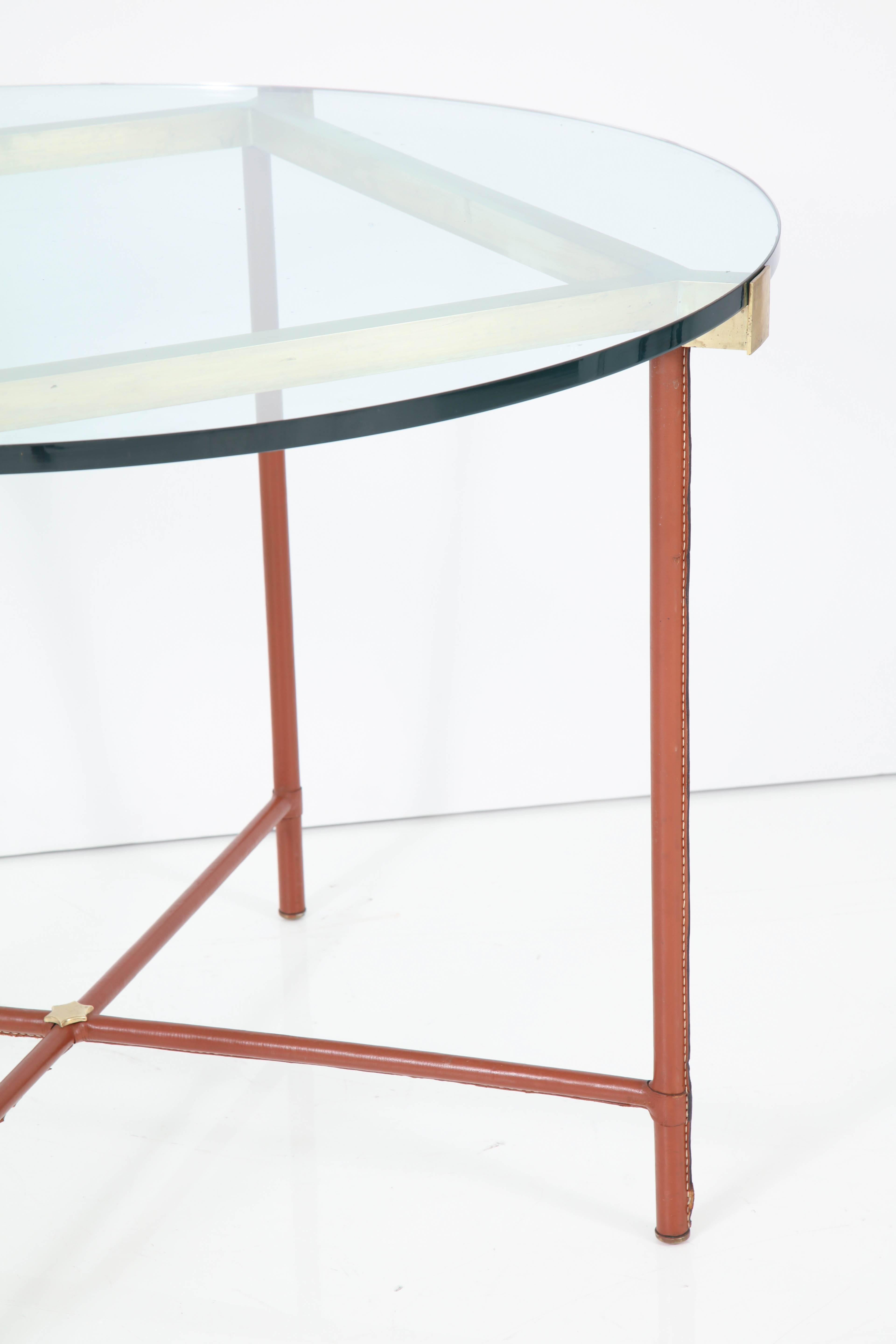 Jacques Adnet Leather Covered and Brass Centre Table For Sale 1