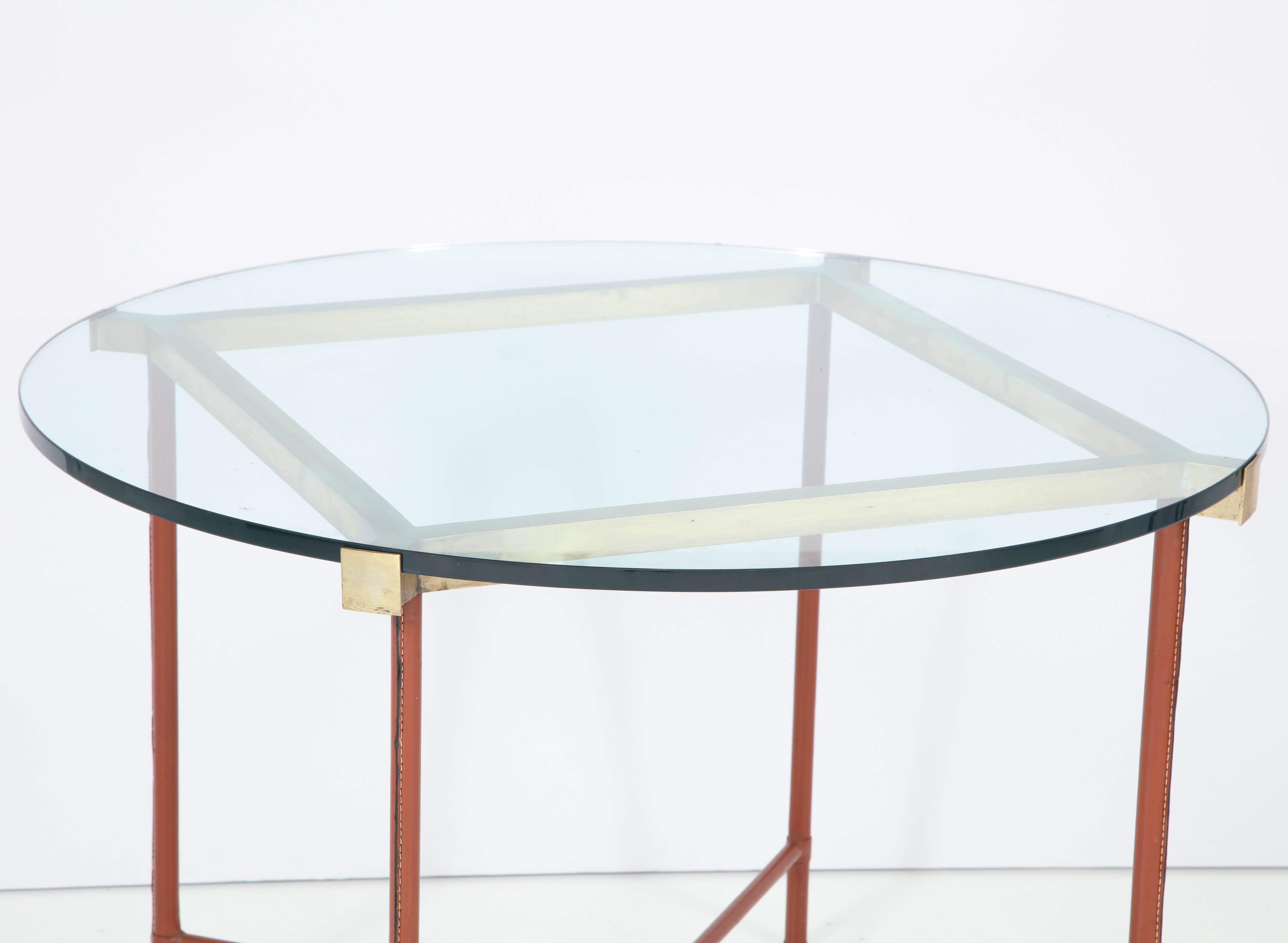 Jacques Adnet Leather Covered and Brass Centre Table For Sale 2