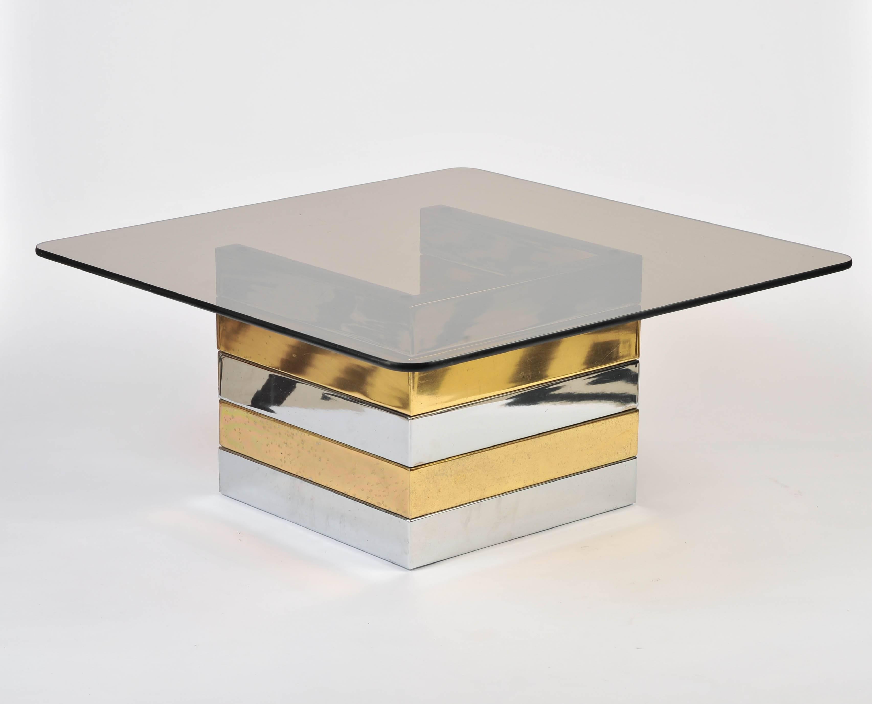 Late 20th Century 1970s Pieff Brass and Chrome Coffee Table with the Original Glass Top For Sale