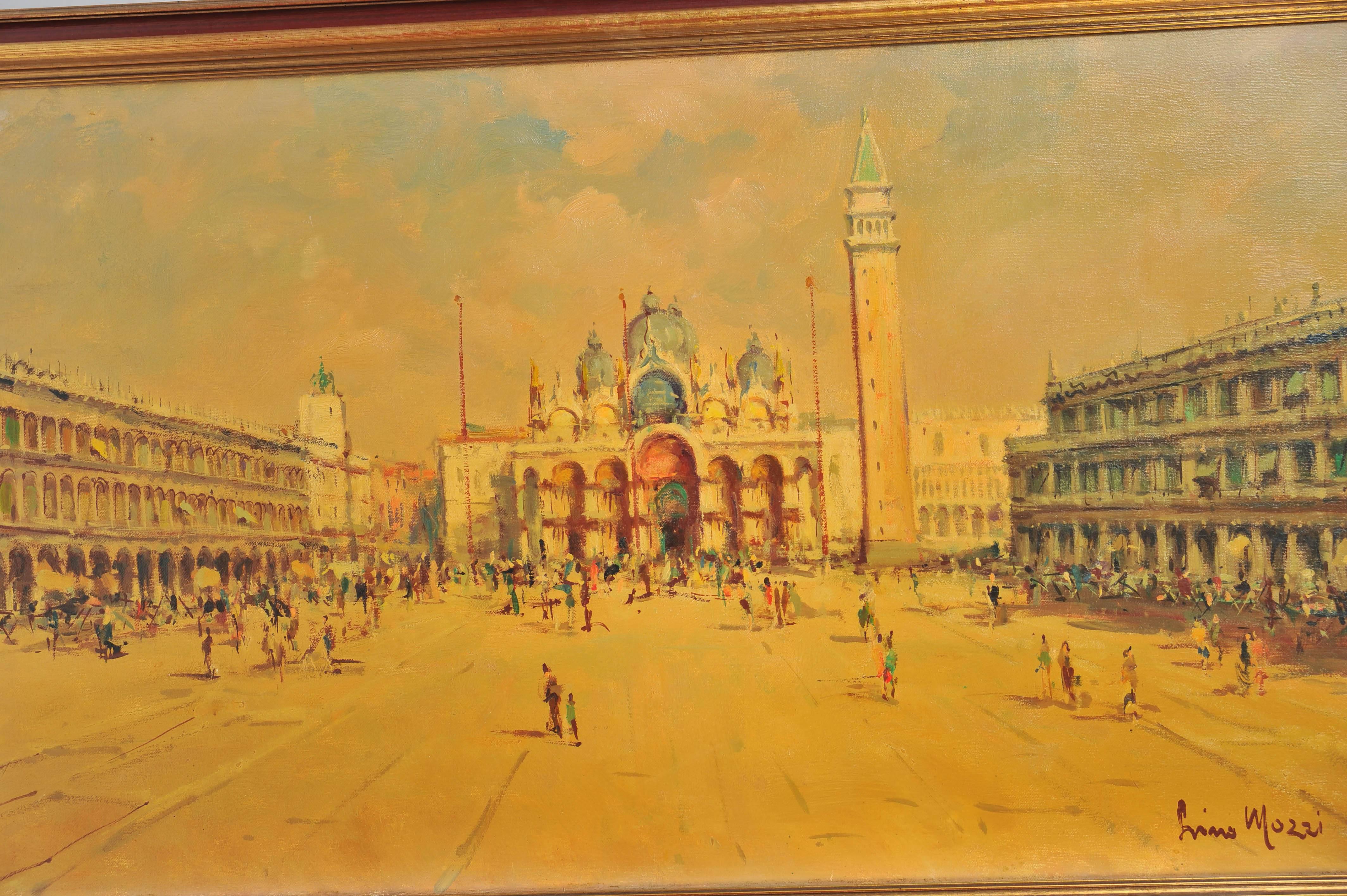 Oil on canvas of San Marco Square, Venice signed Lino Mozzi, 1971 
Framed. 
The image depicts the famous Venetian square at sunset showing a warm yellow and blue sky.