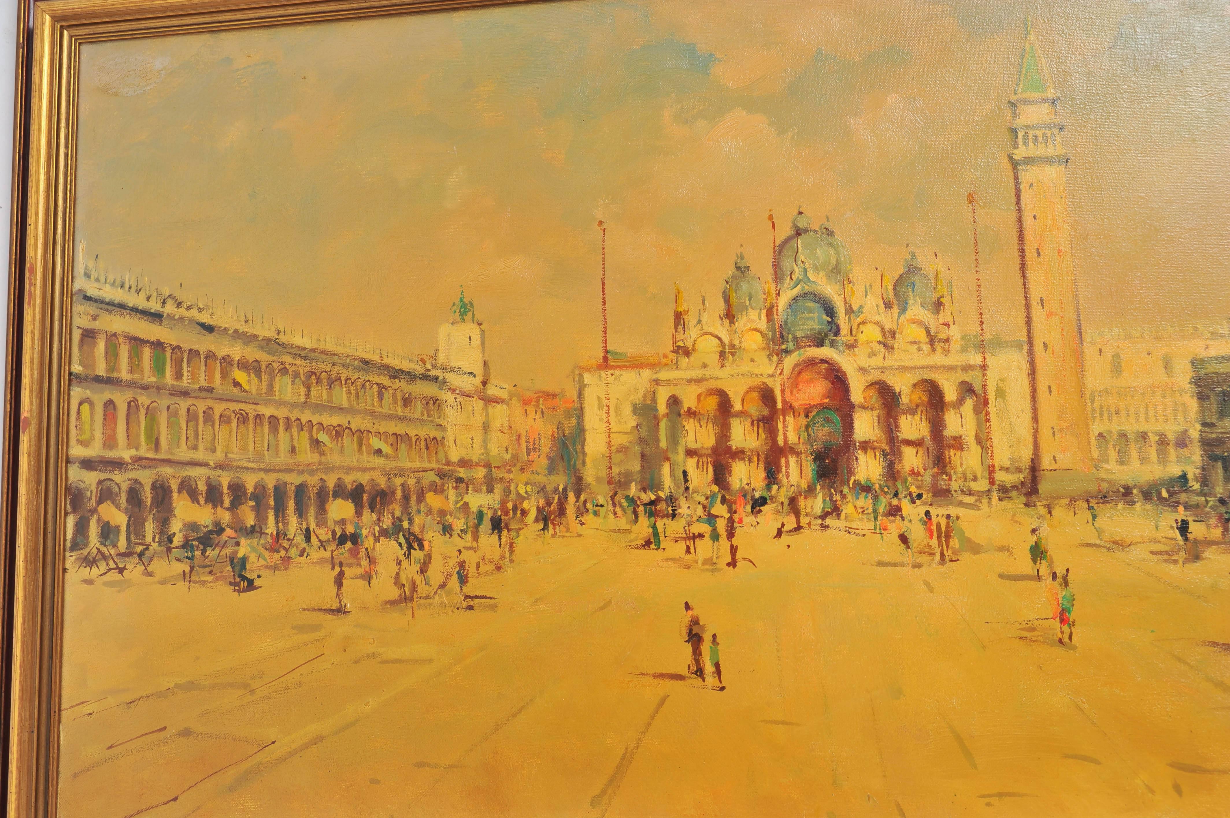 Mid-Century Modern Italian Oil Painting of San Marco Square, Venice Signed Lino Mozzi, 1971 For Sale