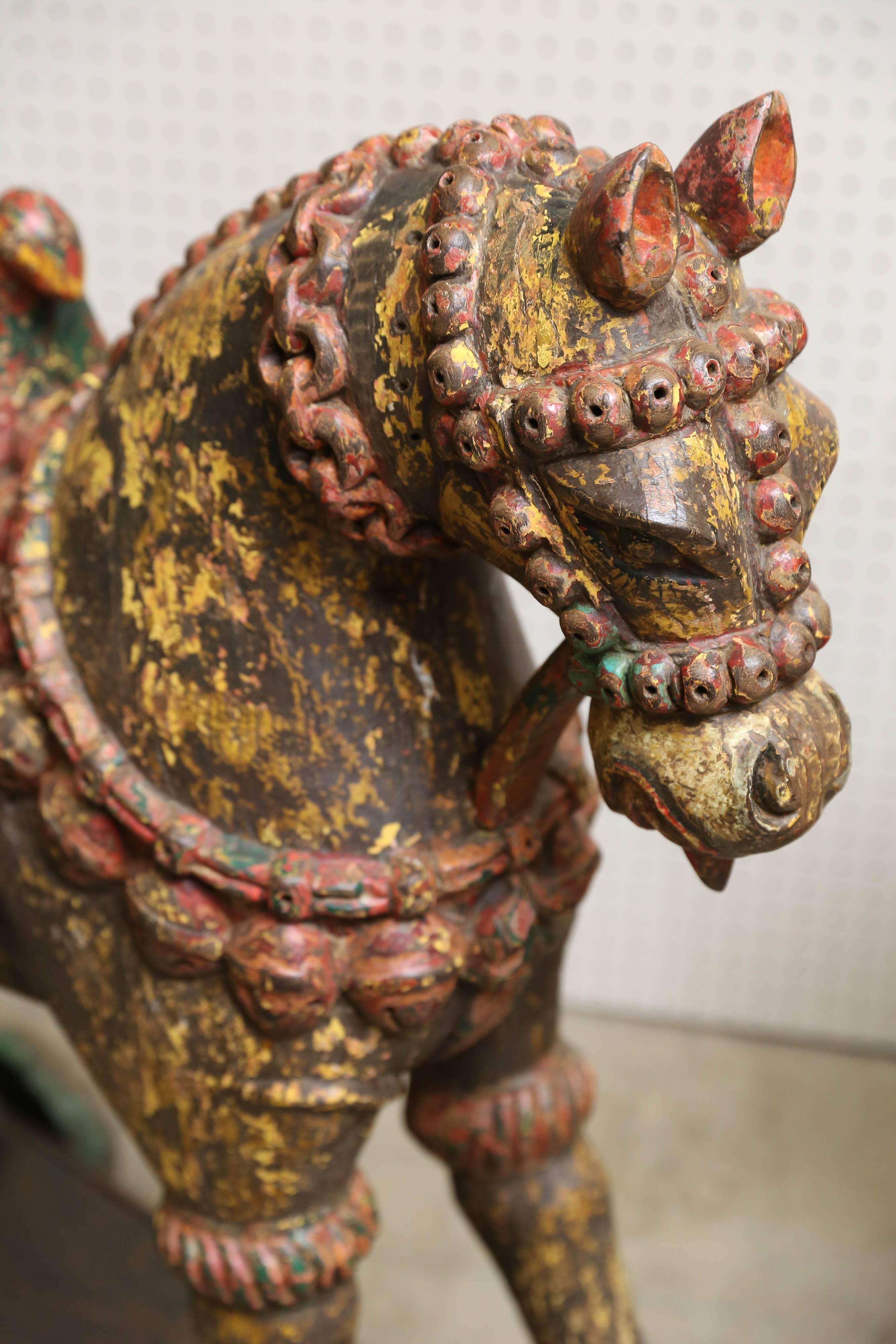 Pair of Late 19th Century Solid Wood Horses from a Temple in Bhutan In Good Condition For Sale In Houston, TX
