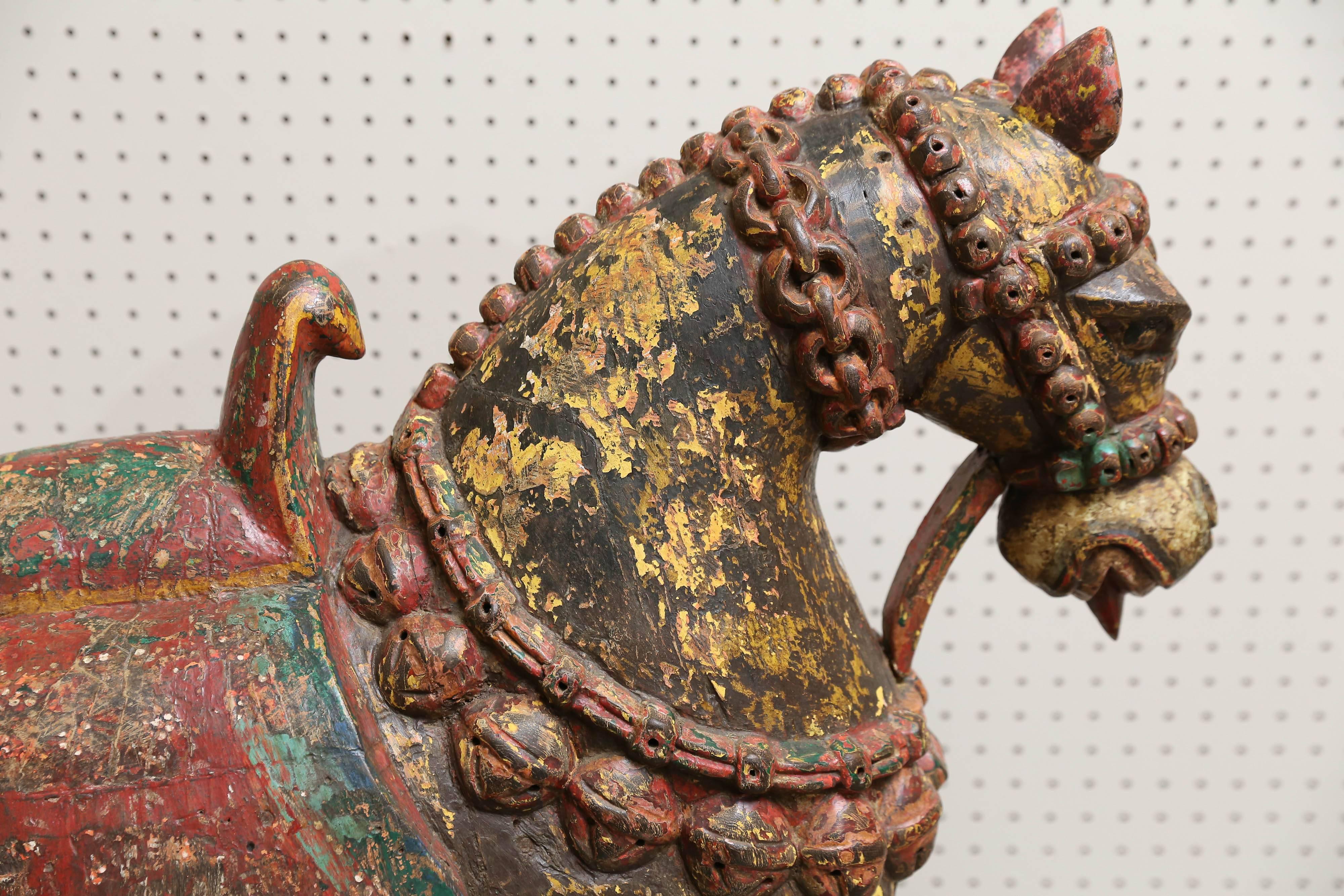 Pair of Late 19th Century Solid Wood Horses from a Temple in Bhutan For Sale 1