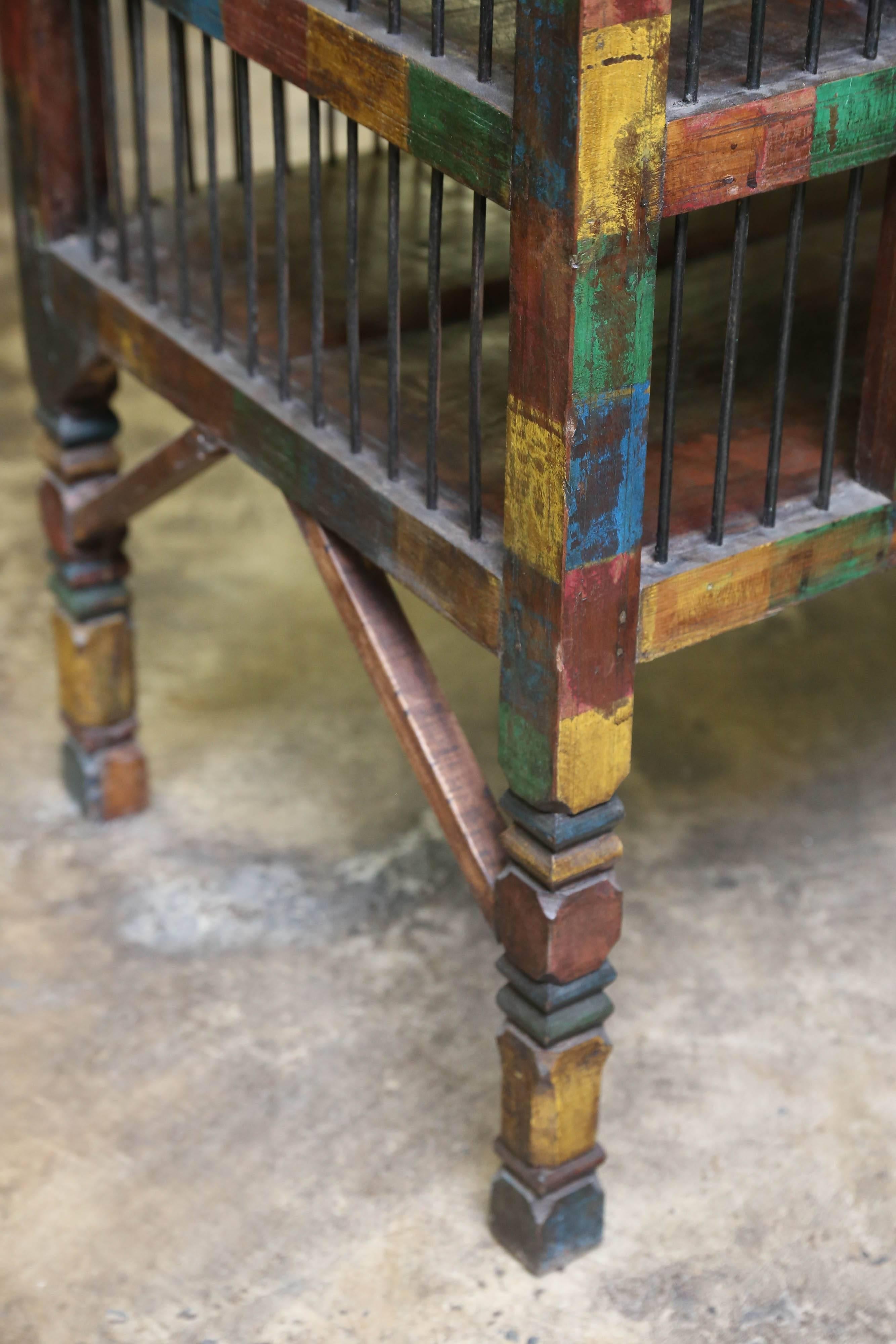 Anglo Raj Antique Teak Wood and Iron Bird Cage from a Community Farm in Central India