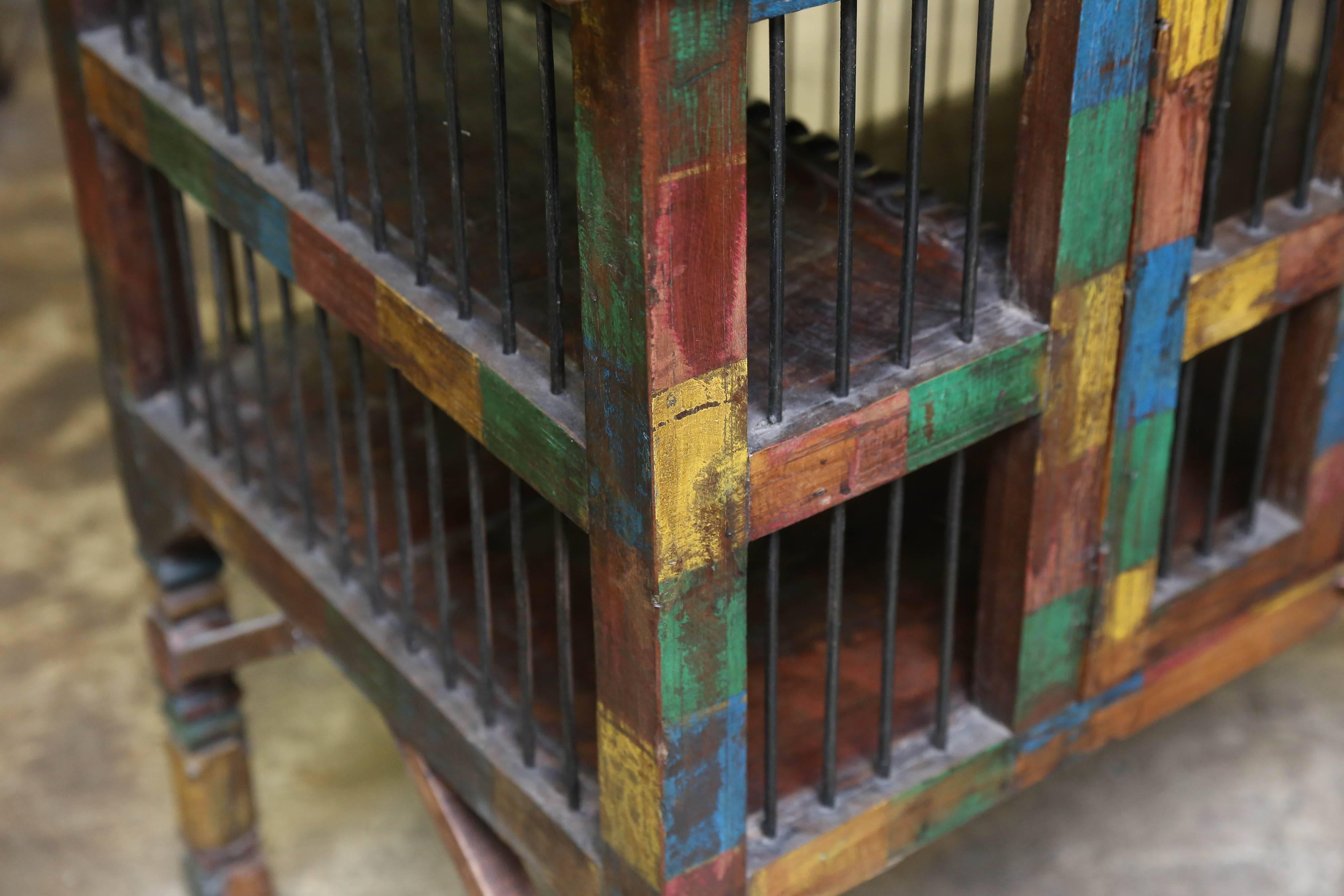 Indian Antique Teak Wood and Iron Bird Cage from a Community Farm in Central India