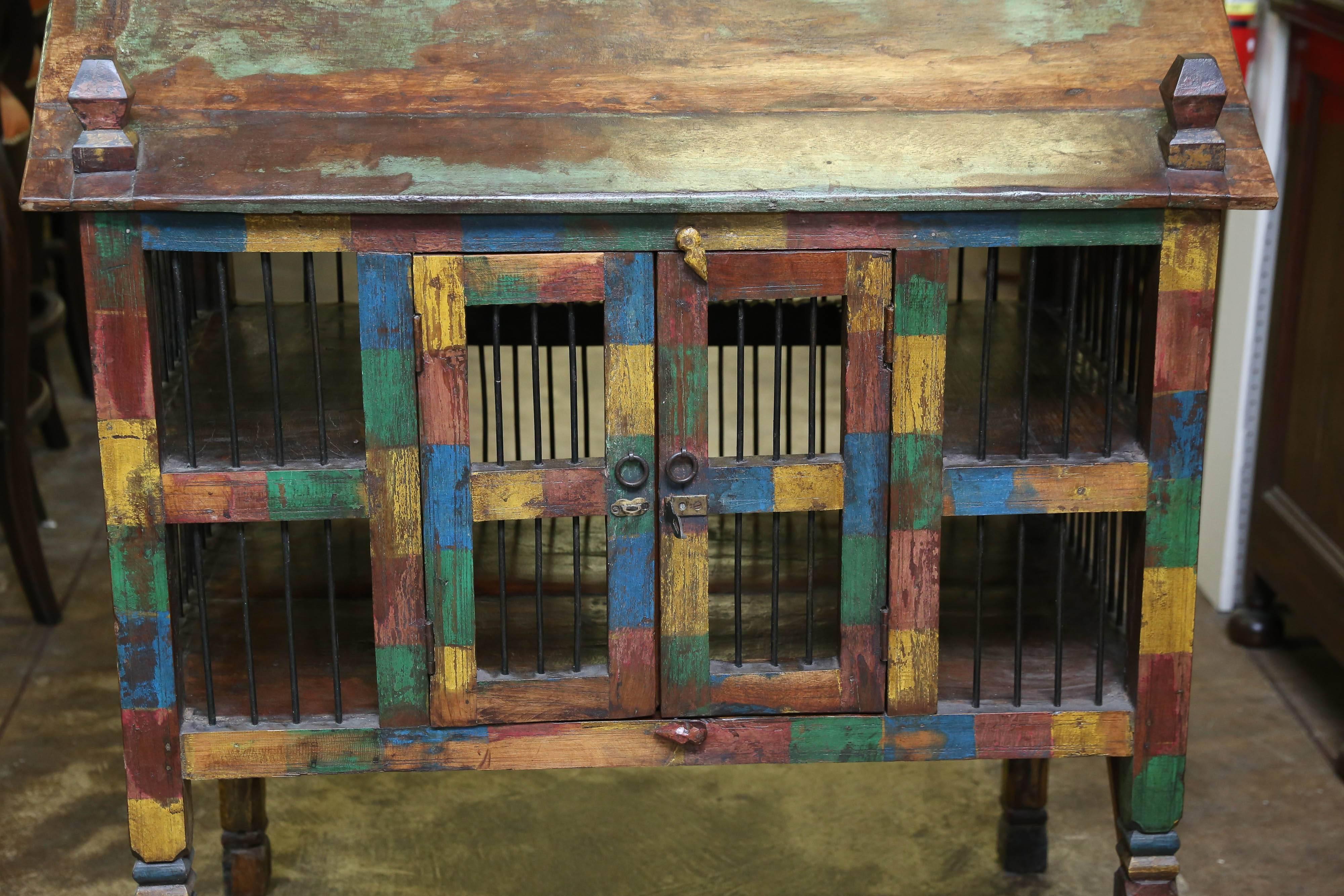 Hand-Crafted Antique Teak Wood and Iron Bird Cage from a Community Farm in Central India